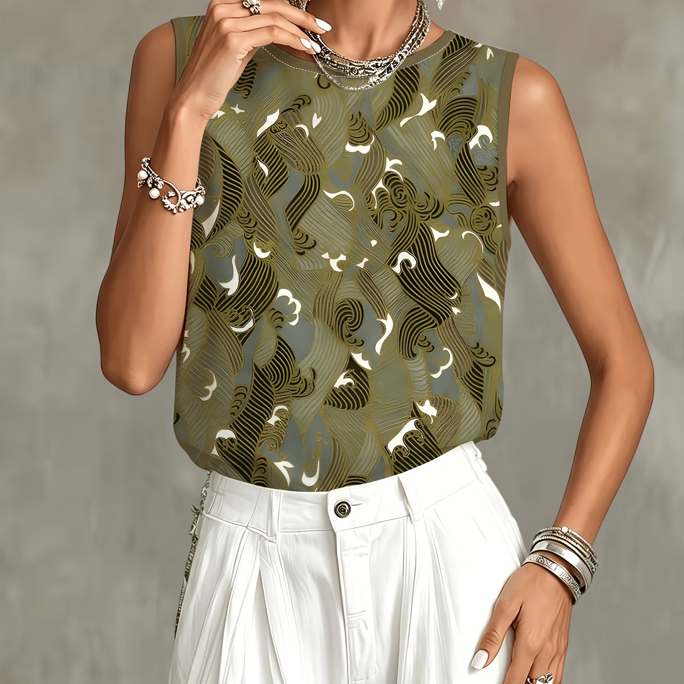 TEMU Green Printed Sleeveless Tank Top For Women, New Summer Fashion Short Top