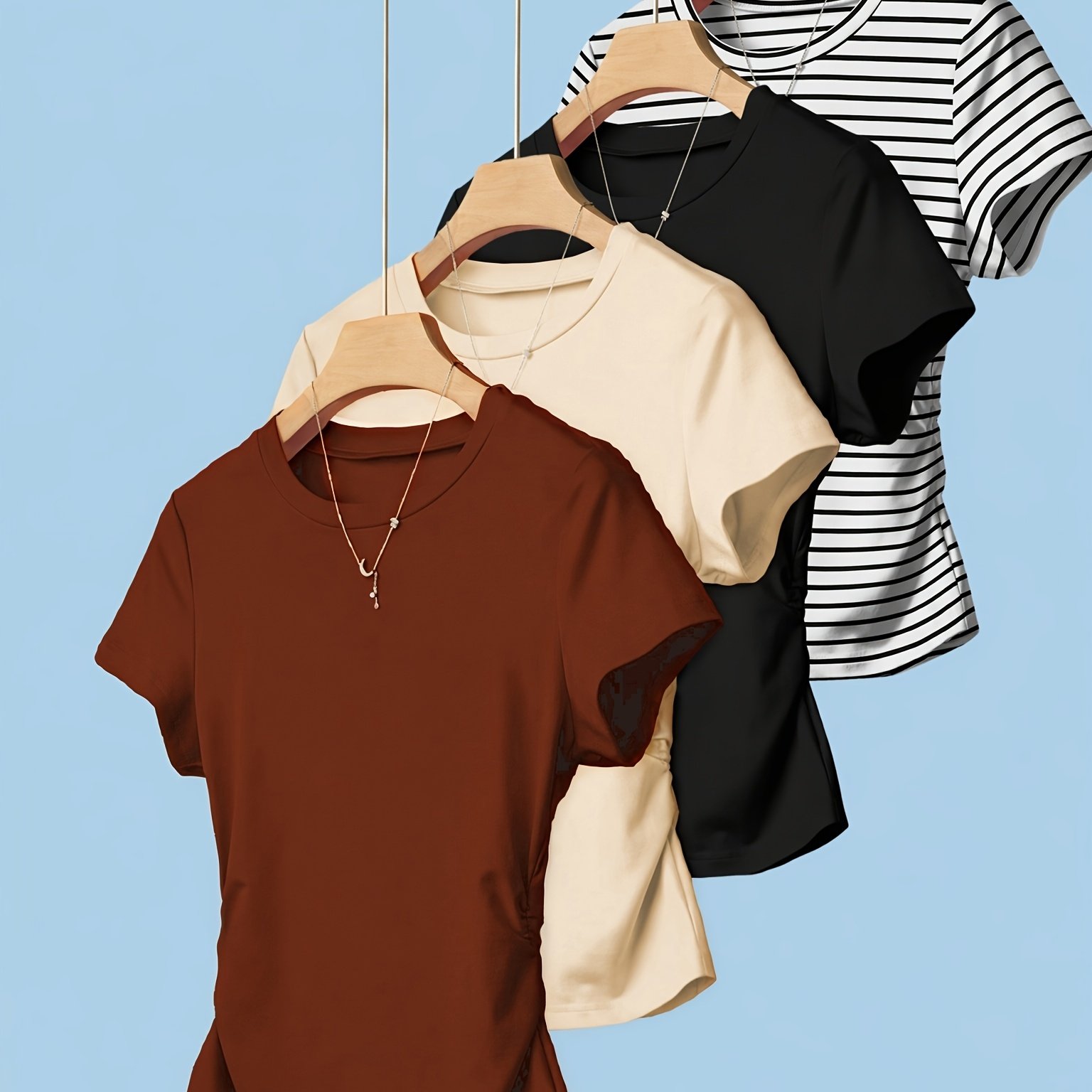 TEMU Ensemble de 4 T-shirts d'été à manches courtes pour femme, col ras du cou + hauts décontractés à rayures assortissables, tenue essentielle de
