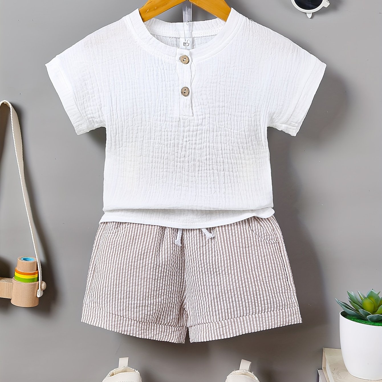 White Top With Striped Shorts Set, For Outdoor