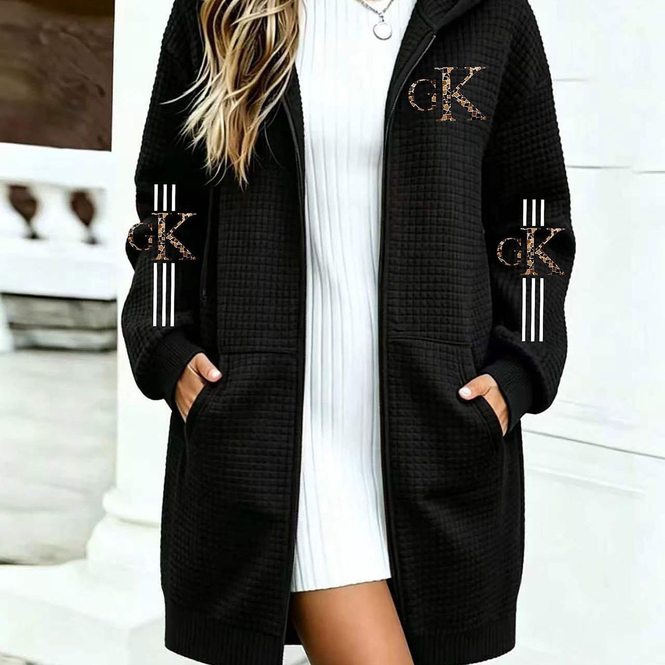 TEMU Elegant Women's Warm Hooded Jacket | Geometric-pattern, Coat