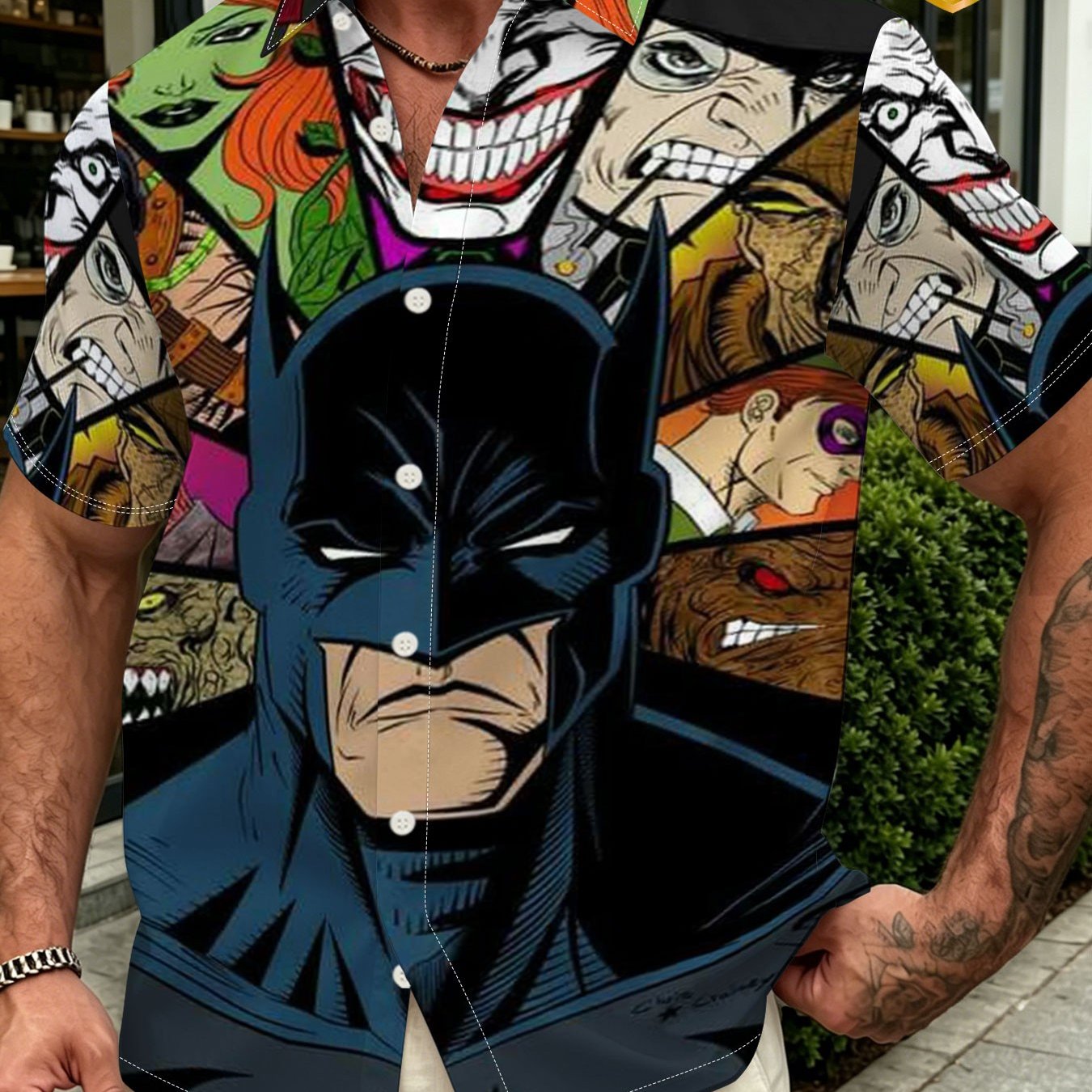 TEMU Wb Men's & Batman Print Hawaiian Shirt - Button- Collar Short-sleeve Shirt With Iconic, Loose Fit Beachwear Suitable For Surfing, Pool Parties,