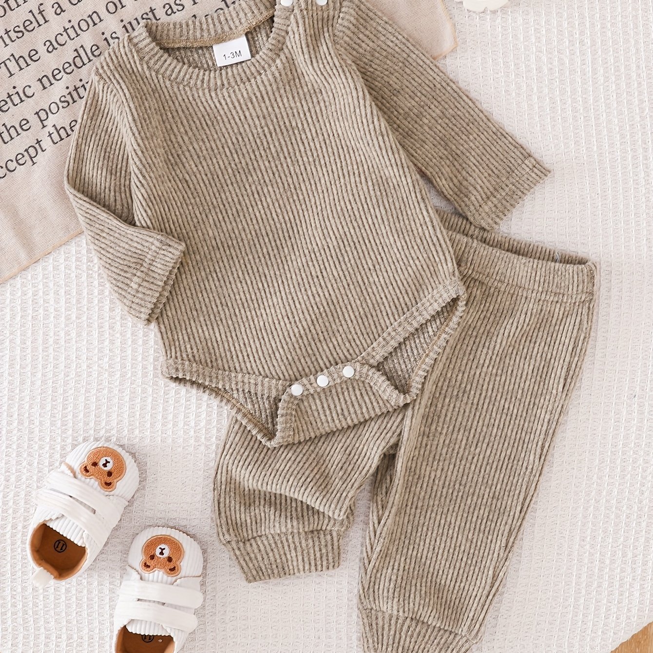 Image of 2pcs Infant Outfit Round Neck Long Sleeve Bodysuit And Elastic Waist Casual Trousers For Fall/winter, For Outdoor, Boys And Girls Clothes, Christmas, Halloween