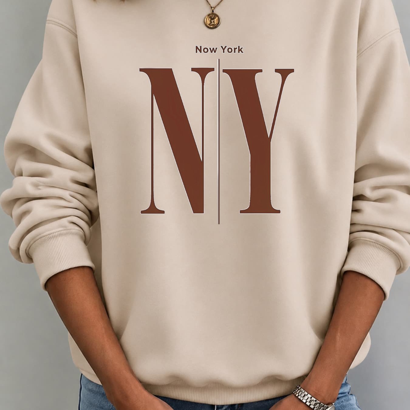 Image of Autumn Winter New Arrival Hoodie For Women - Loose Fit Crewneck Sweatshirt With Brown Ny Letter Print & Now Text, Casual Comfortable Pullover Top For Daily Wear, Spring & Fall
