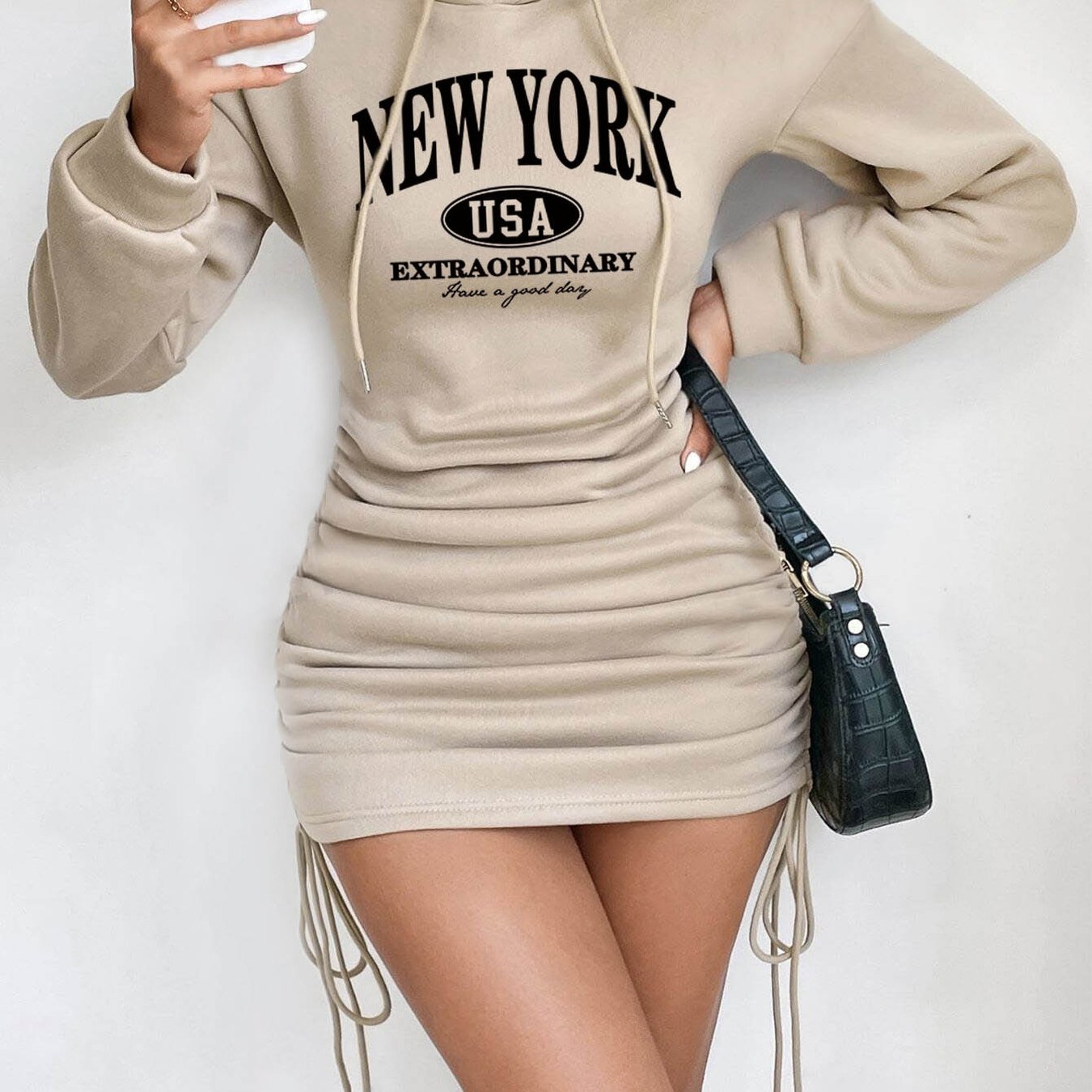TEMU Letter Print Drawstring Hooded Sweatshirt Dress Women's Autumn Slim Fit Hip Wrap Skirt Print Hooded Sweatshirt Dress, Side Drawstring   , Sexy