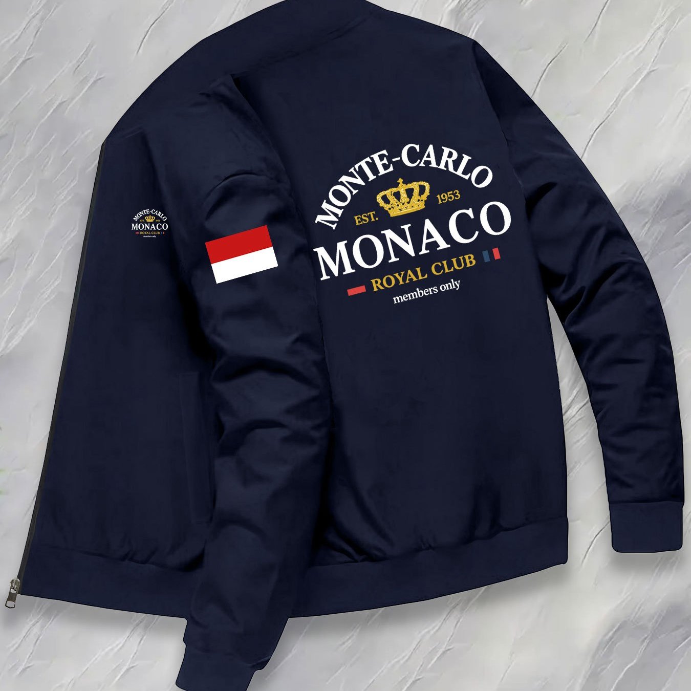 TEMU Men's Zipper Baseball Collar Jacket, Monaco Crown Letter Flag Element Print Jacket, Spring Autumn Long Sleeve Loose Style Top, Suitable For
