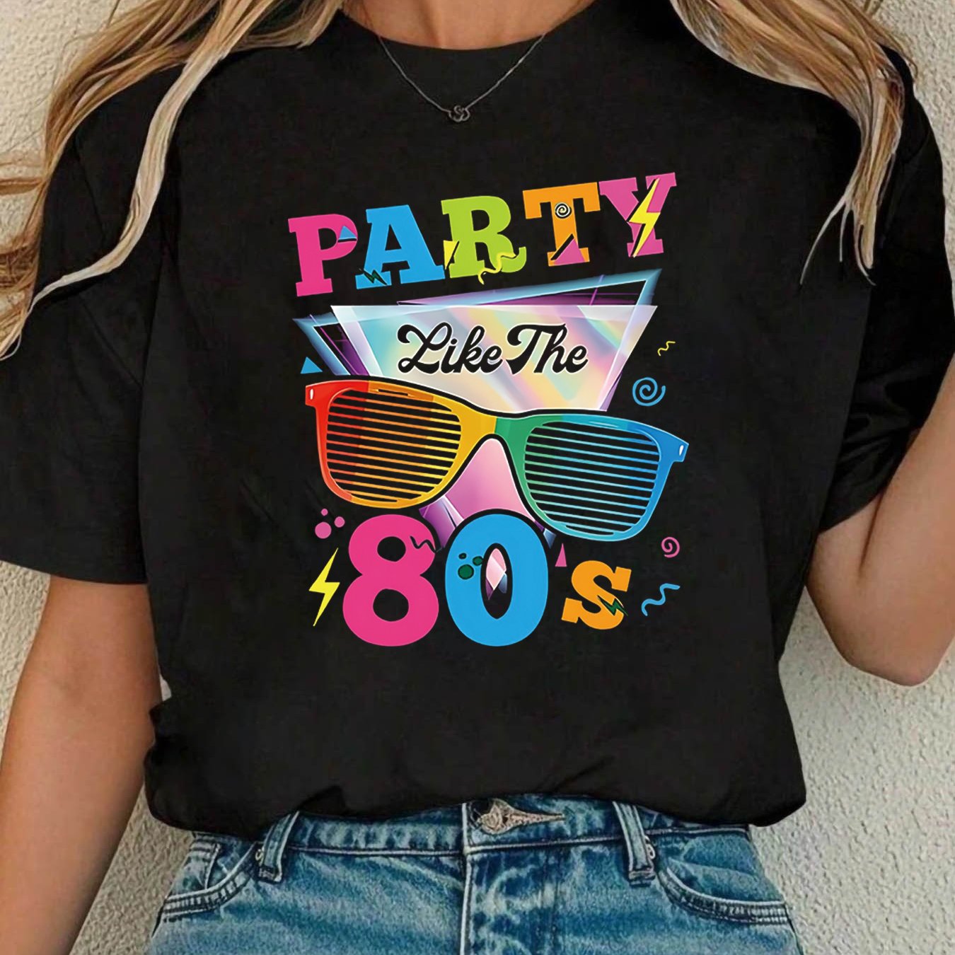 TEMU Retro 80s 'party Like The 80s' Neon Sunglasses Print Women's T-shirt, Short Sleeve Crew Neck Casual Top For Summer And Spring, Women's Clothing