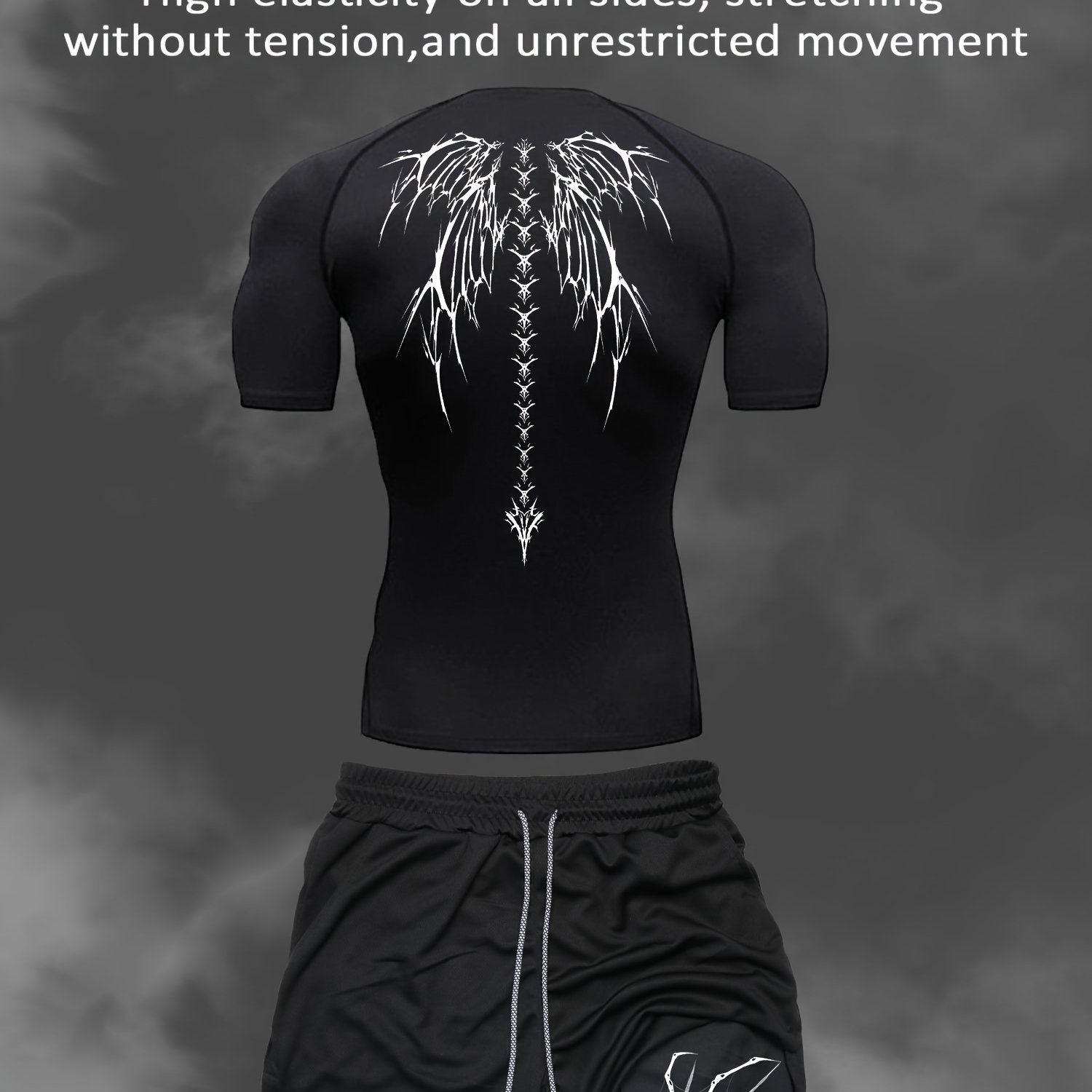 Image of Men's Casual Sportswear Set With Wing Print - Quick- Short Sleeve Gym Shirt + Print Multi-pocket Double-layer Sports Shorts