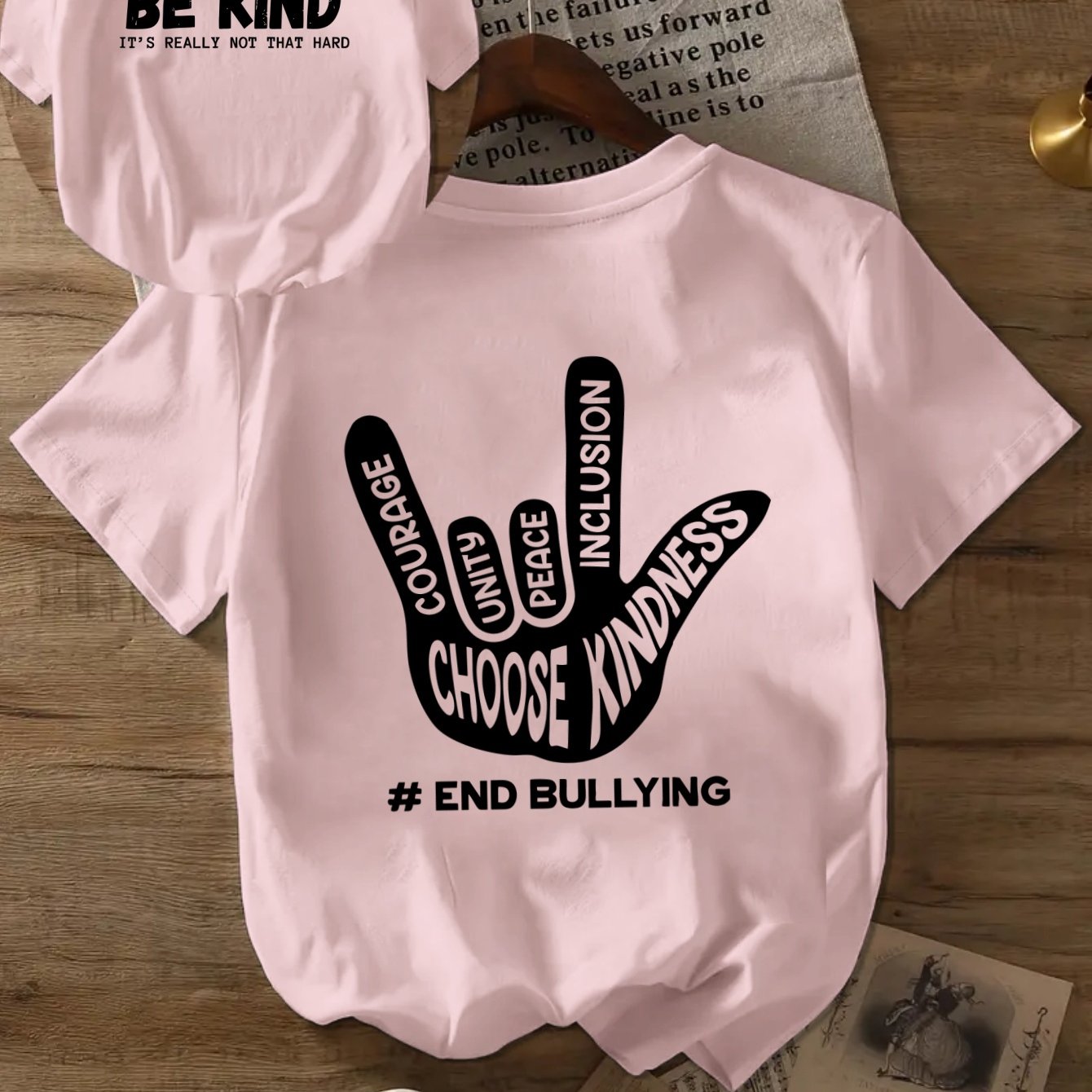 TEMU Women's Casual Short Sleeve Round Neck T-shirt With Positive Message Print, "be Kind" Graphic Tee - Soft Fabric, , Pink With White & ,