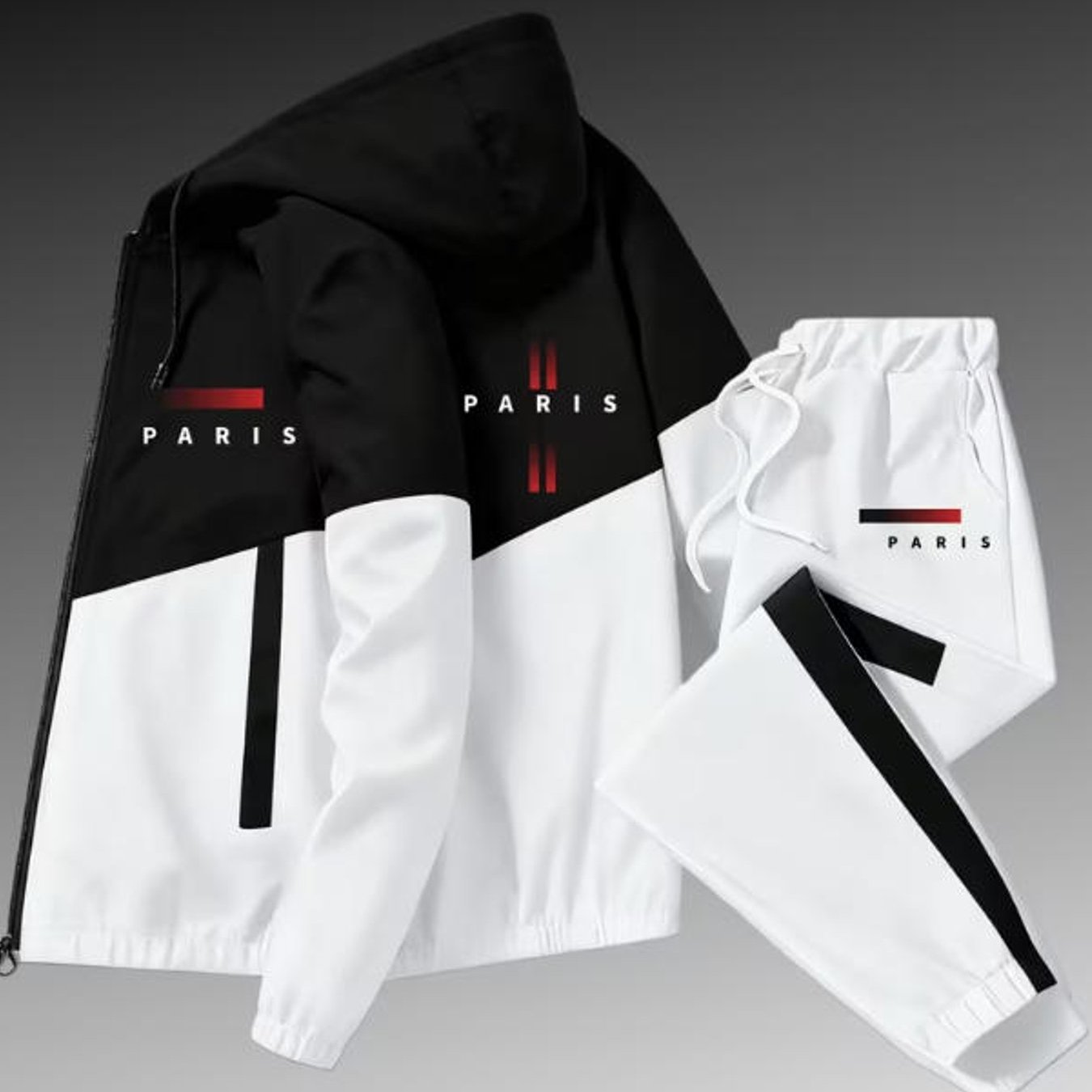 Image of Hooded Jacket And Pants Set Paris Block Street Style Casual Sportswear For Adults Men Fall Winter