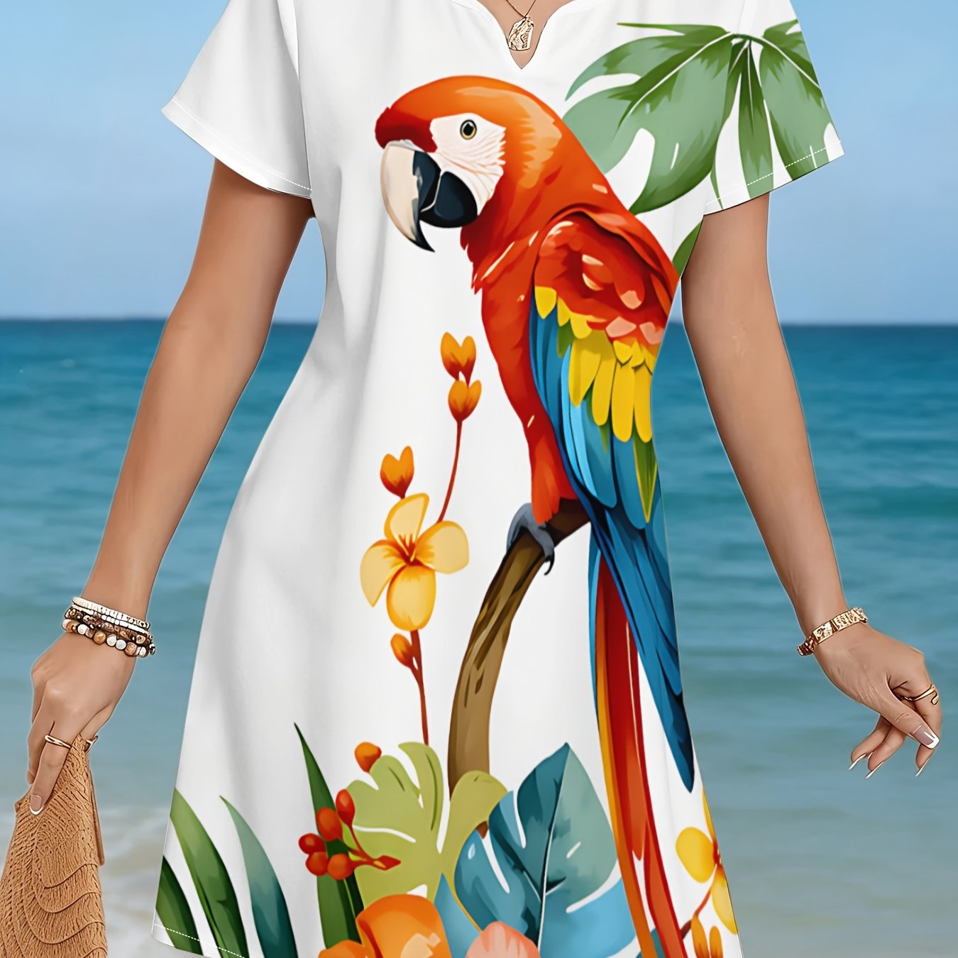 TEMU | Robe à manches courtes et col en V avec imprimé ara coloré