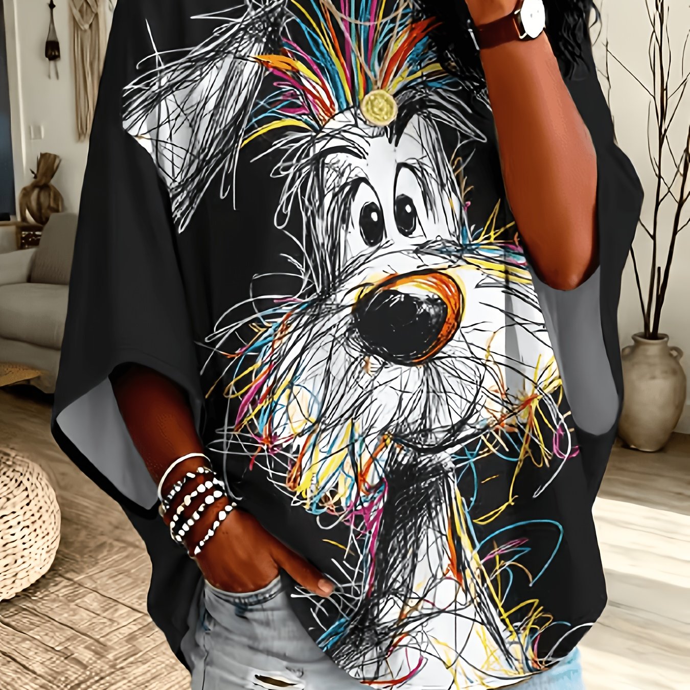 TEMU Plus Size, Plus-size Women's Top, White, Graffiti Puppy Pattern, Loose Off-shoulder Sleeve Design, Fun Sweatshirt