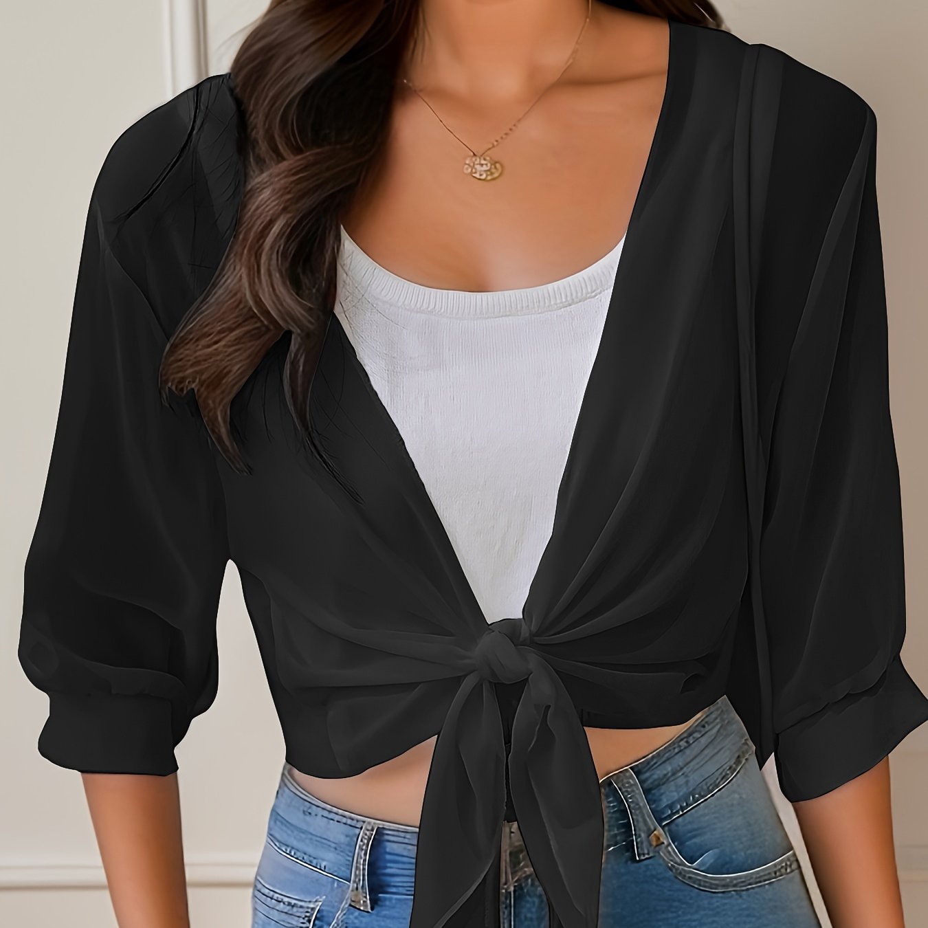 Image of Women' Color Lightweight Short Sleeve Belted Cardigan For Summer Skirt Layering