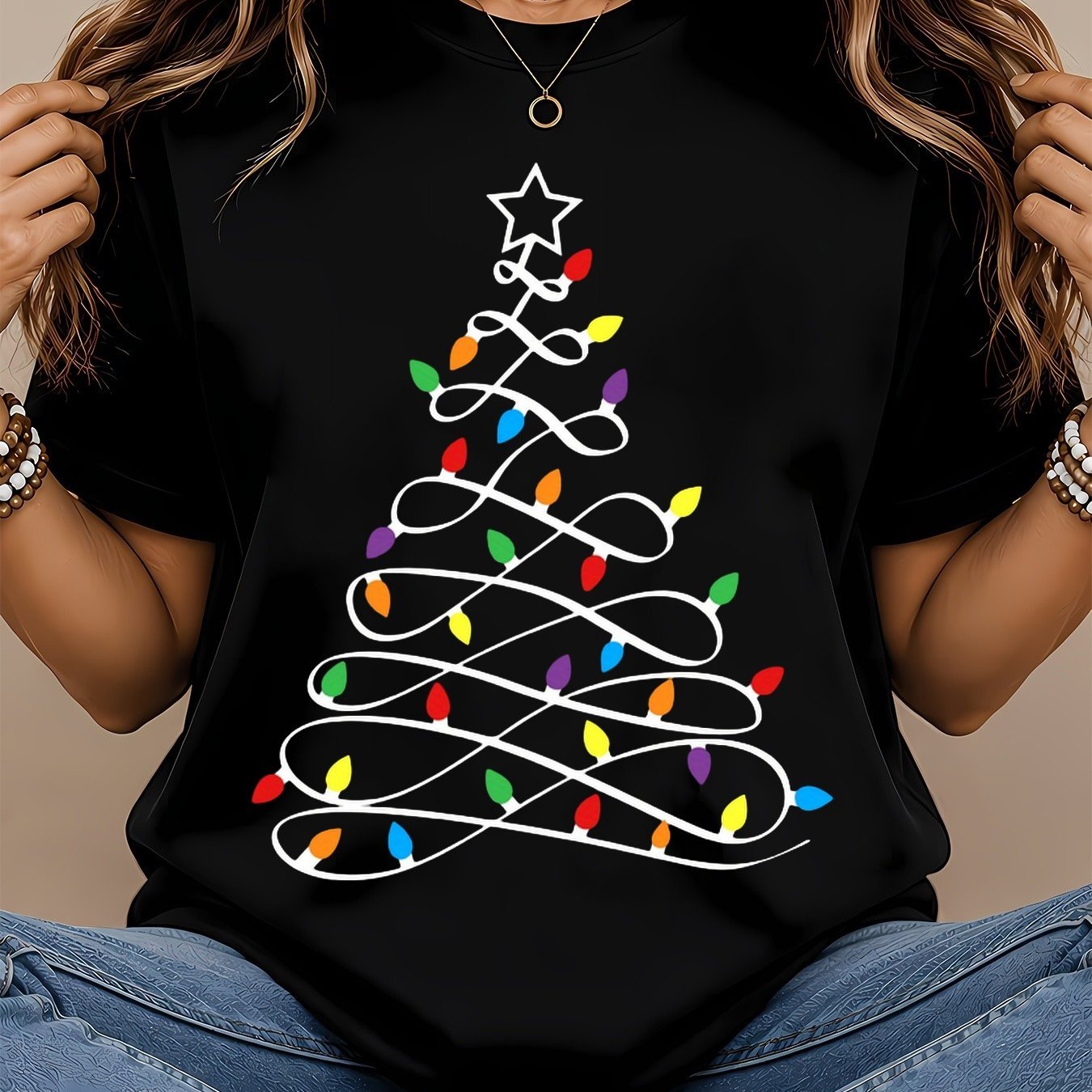 TEMU Plus Size, Plus-size Women's Clothing- Autumn Christmas Decoration Outfit, Featuring Christmas Tree Pattern Lights And Star Decorations,