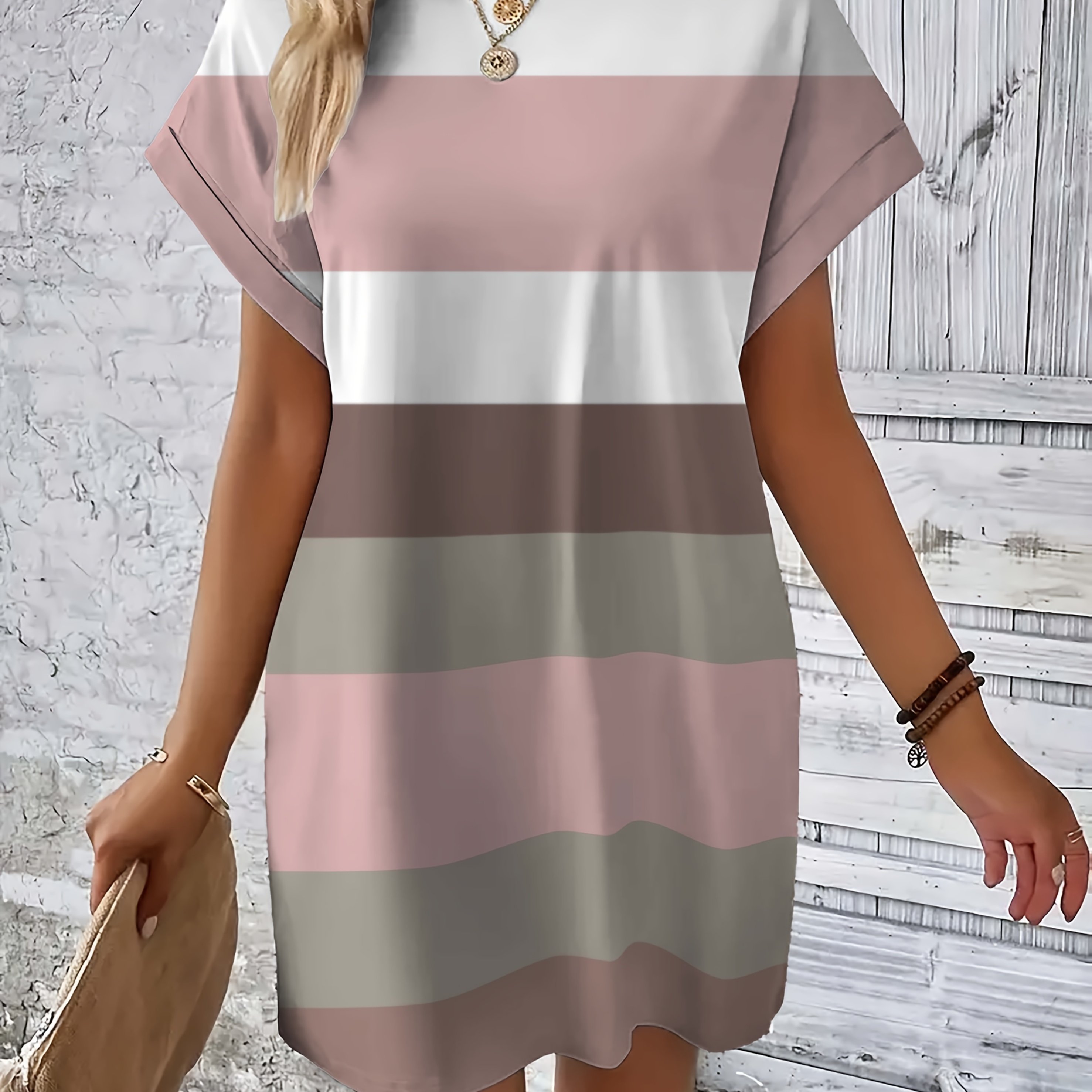 Image of Color-block Striped Printed Long T-shirt, Round Neck Rolled-up Sleeve Dress, Plus-size Women's Dress