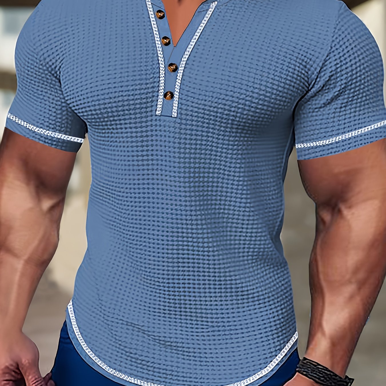 Image of Men's Textured Waffle Fashionable Line Contrasting Back Collar Bag Collar Strip V-neck Fashionable Sports Casual Outdoor Short-sleeved Henley Shirt
