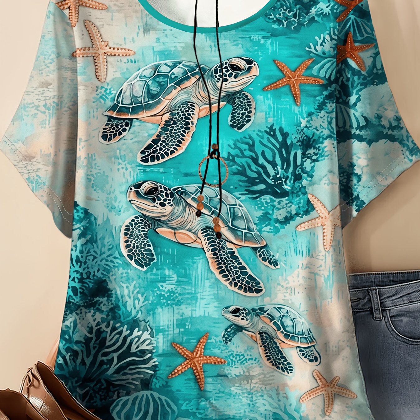 TEMU Plus Size - Women's Plus Size Round Neck Short Sleeve T-shirt, Vibrant Turtle Print - Elegant Design, Breathable, Casual Summer Top, Machine