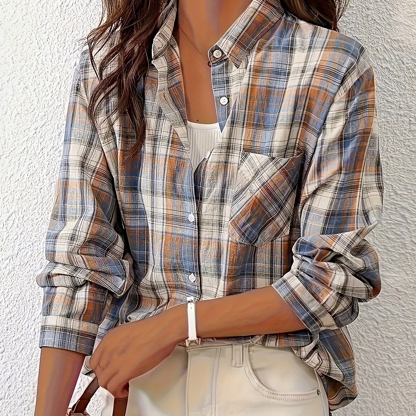 E-shop Elegantes Damen-Karomusterhemd - Klassisches beige-braunes Kariertes Button-Up-Top, Maschinenwaschbar, Ganzjahres-Freizeit- und formelle