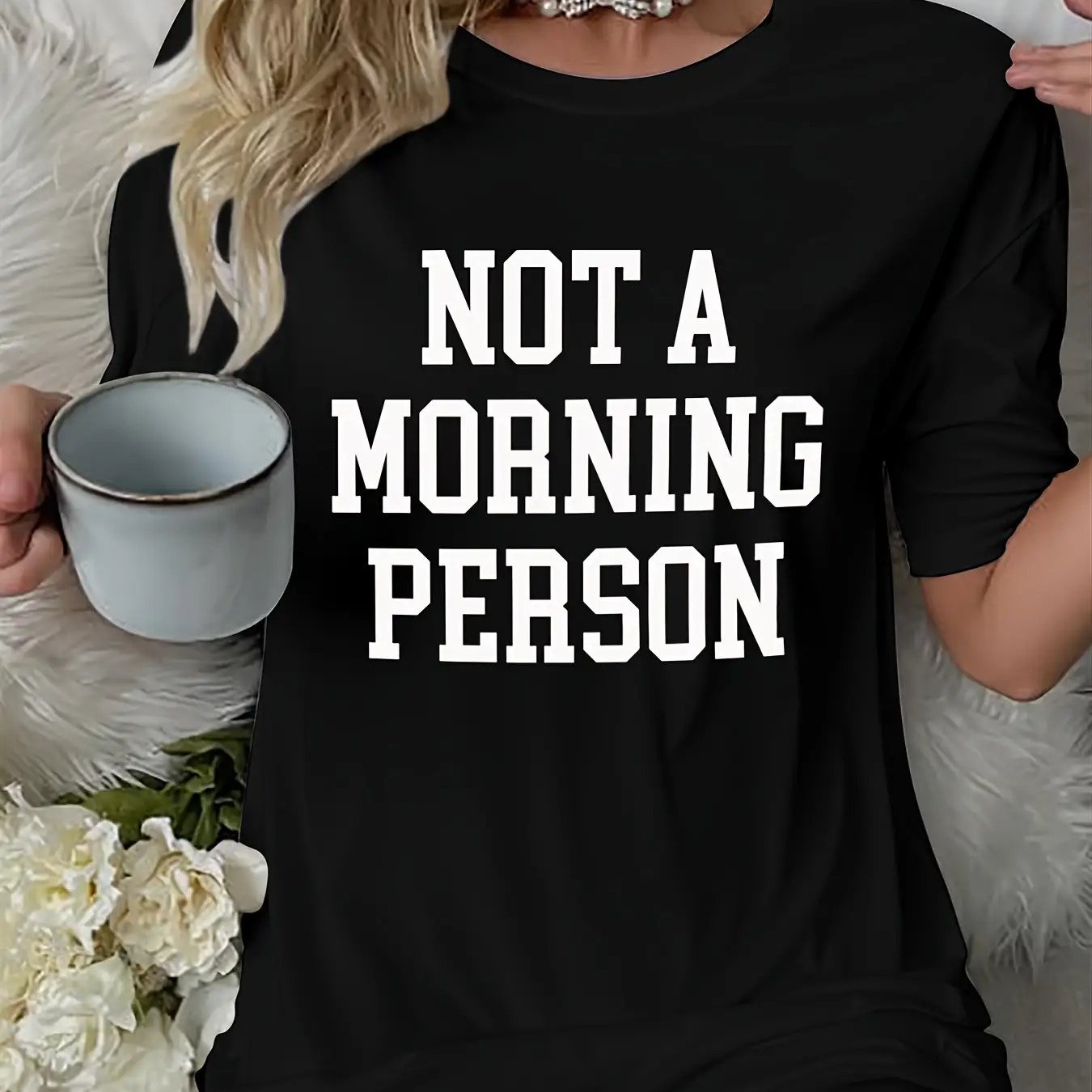 TEMU Women's "not An " Slogan Pajama T-shirt - Short Sleeve Round Neck Sleepwear, Soft Polyester Blend Nightgown, Machine Washable Spring/ Bedwear