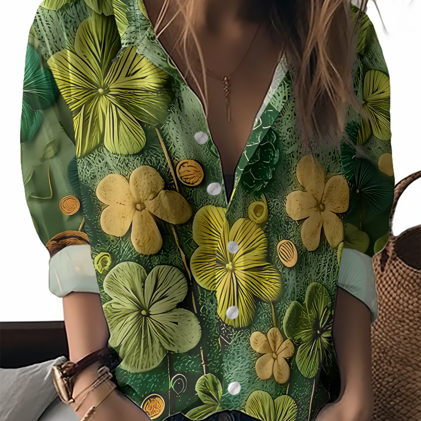 TEMU This New Women's Long-sleeve Shirt Features Background With Yellow-green Flowers, , And Orange Dots, And Three-dimensional Look. Makes It A