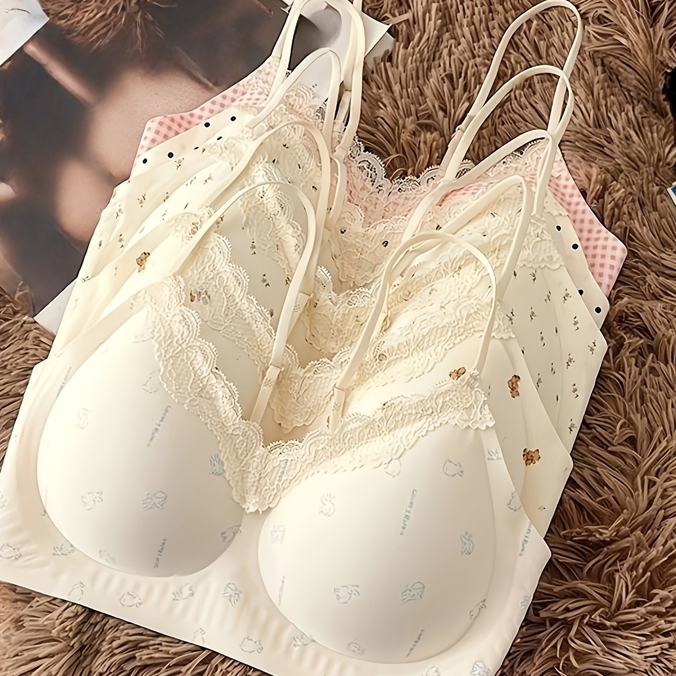 5pcs Set New Lace Floral Small Chest Underwear Traceless Daily Bra