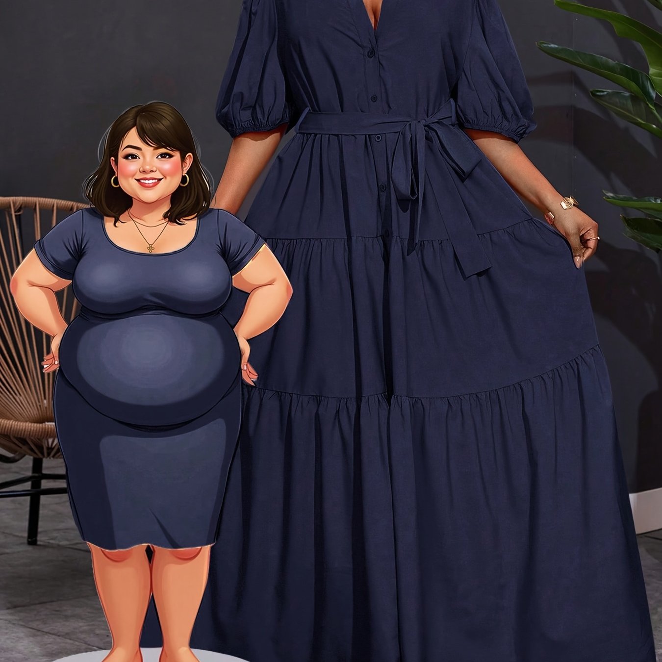 E-shop Plus Size - Plus Size - Plus Size Damen Frühling Sommer Einfarbig Kurzarm Revers Elegantes Kleid, Vorderseite Mid-Button Verschluss und A-Linien