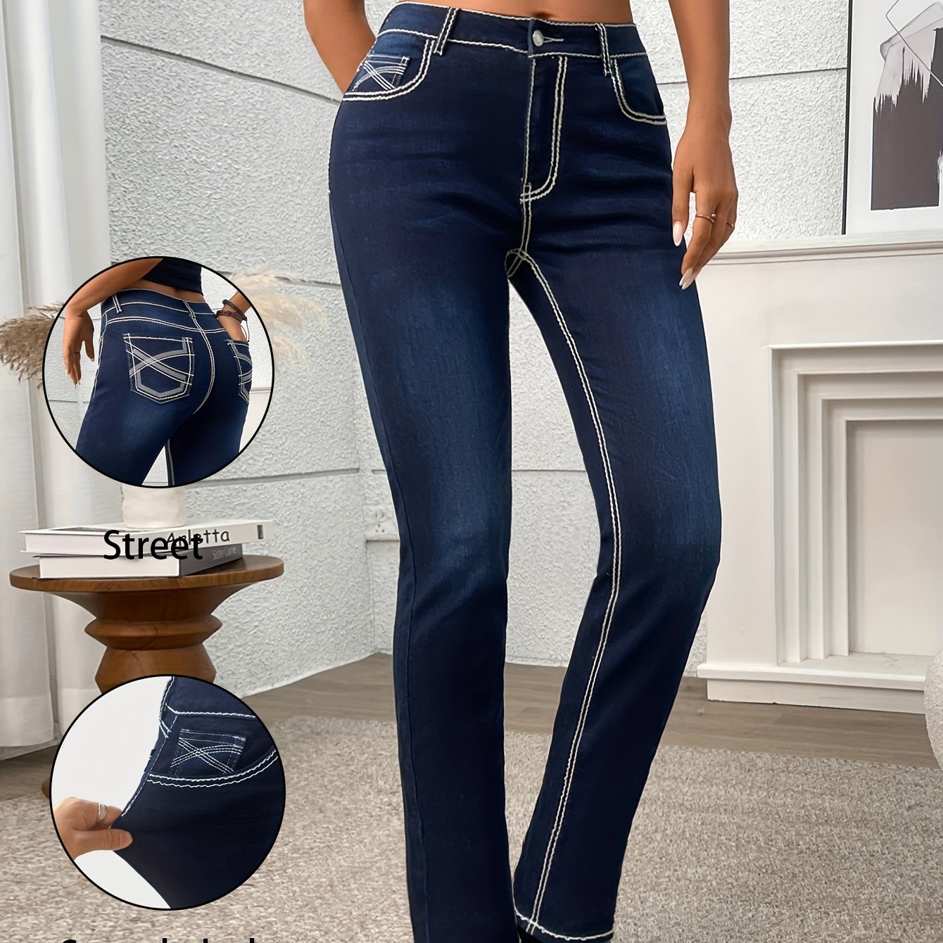 Image of Stylish Popular Women's American- Elegant Slim-fit Flattering Versatile Pants, European/ Thick Stitching Mid-waist Medium Stretch Skinny Straight-leg Pants, /autumn Outfit, Women's Tight Jeans 618538