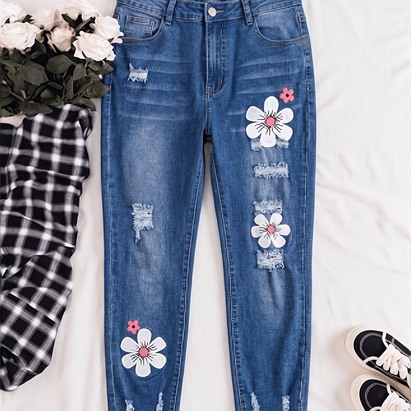 Plus Size Women's Stretch Distressed Printed Jeans Frayed Hem