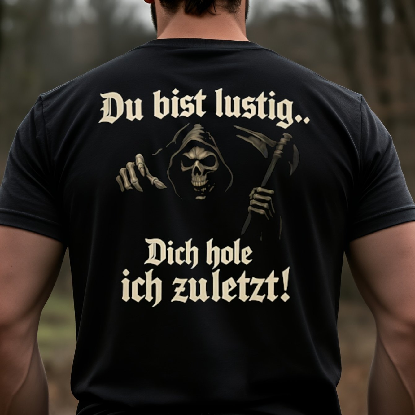 Men's Gothic T-shirt With Reaper German Text Design For Casual Wear In Autumn, Perfect Gift For Who Love Dark Humor, Back Print, Plus Size