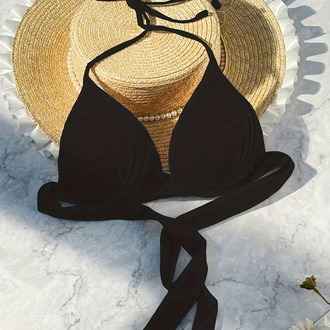 TEMU Parte superior de traje de baño de un solo color, estilo europeo/americano, , con cordones y cuello halter para mujer