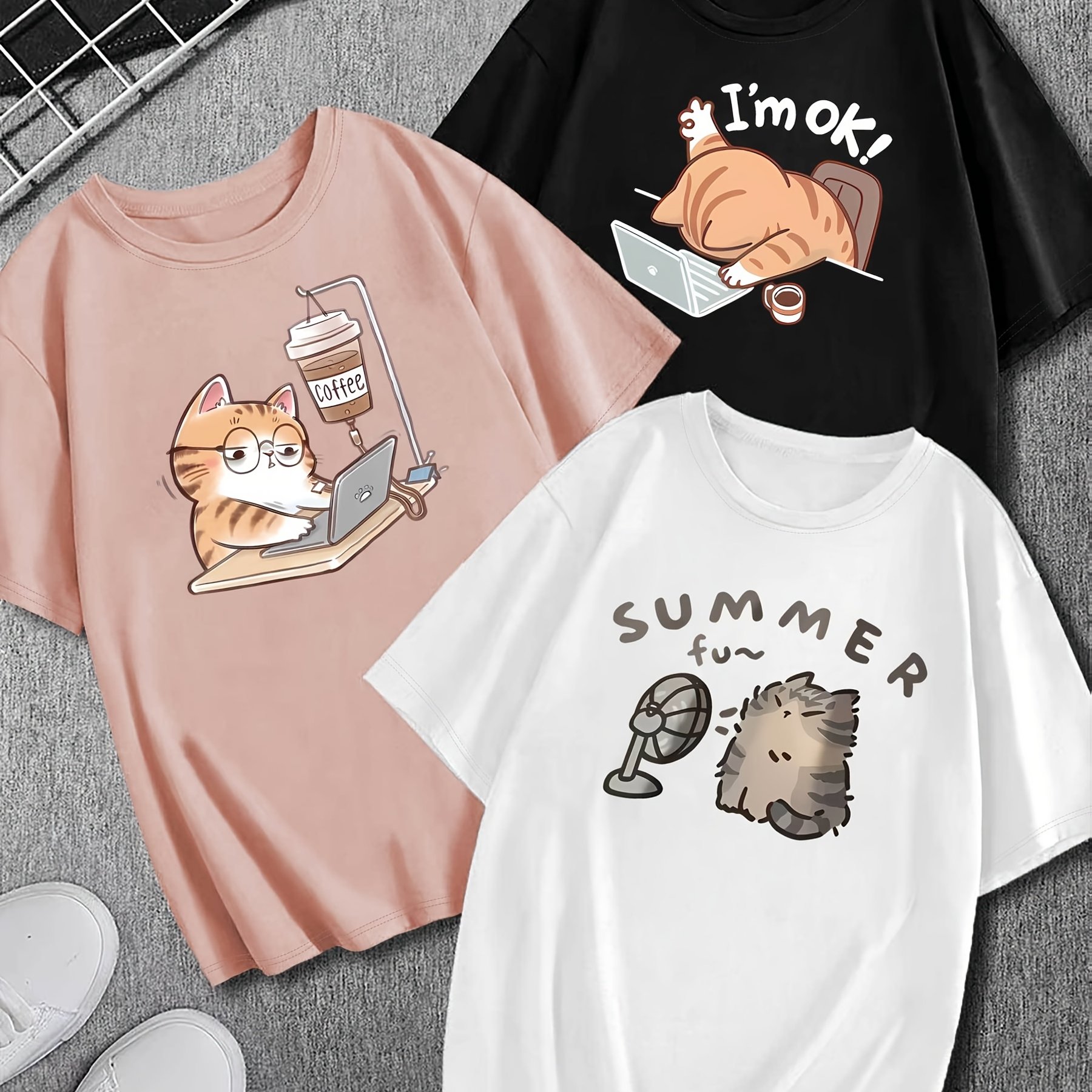 TEMU 3pcs Set Featuring A "coffee , " And "blow Me A Fan" Cat Print Pattern. Stylish Casual Summer Women's Sporty Top With Round Neck And Short