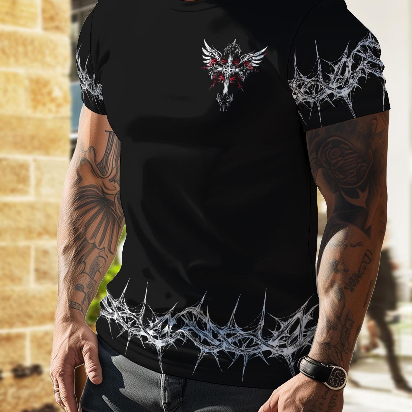 TEMU Men's Gothic Cross And Wings Graphic T-shirt - Style With Red Accents, Lightweight And Breathable Fabric Suitable For Concerts, Gyms, Parties -