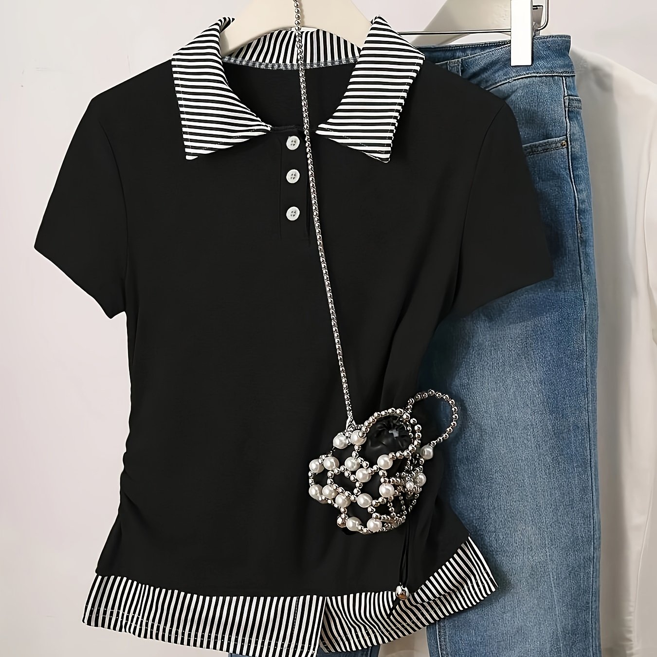 E-shop Plus Size, Damen Streifen Patchwork Casual Kurzarm T-Shirt mit modischem vielseitigem Umlegekragen, für die Rückkehr in die im College-Stil