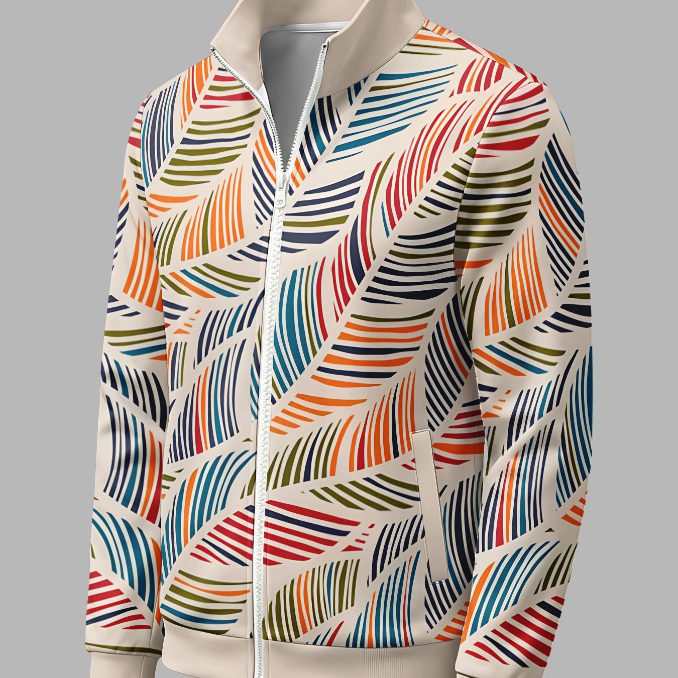 TEMU Autumn Winter Long Sleeve Zippered Athletic Jacket, Striped Leaf Print, Stand Collar Casual Sports Top, Teenager Men's Birthday Holiday Surprise