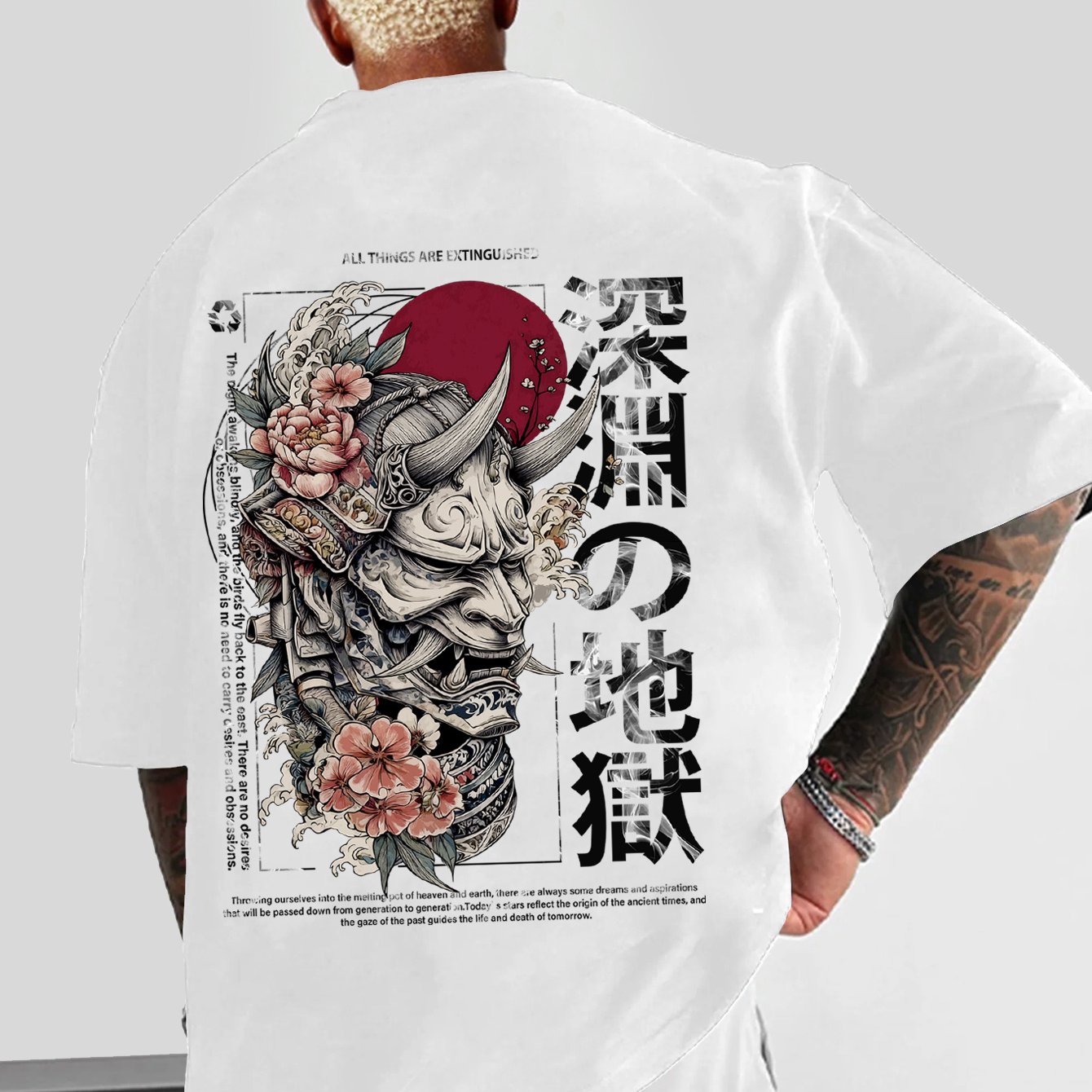 TEMU Under The Flowers, Men's Casual Sports Street Japanese Retro Old Style Hannya And Flower Pattern Hot Painting Printing Trendy Short-sleeved