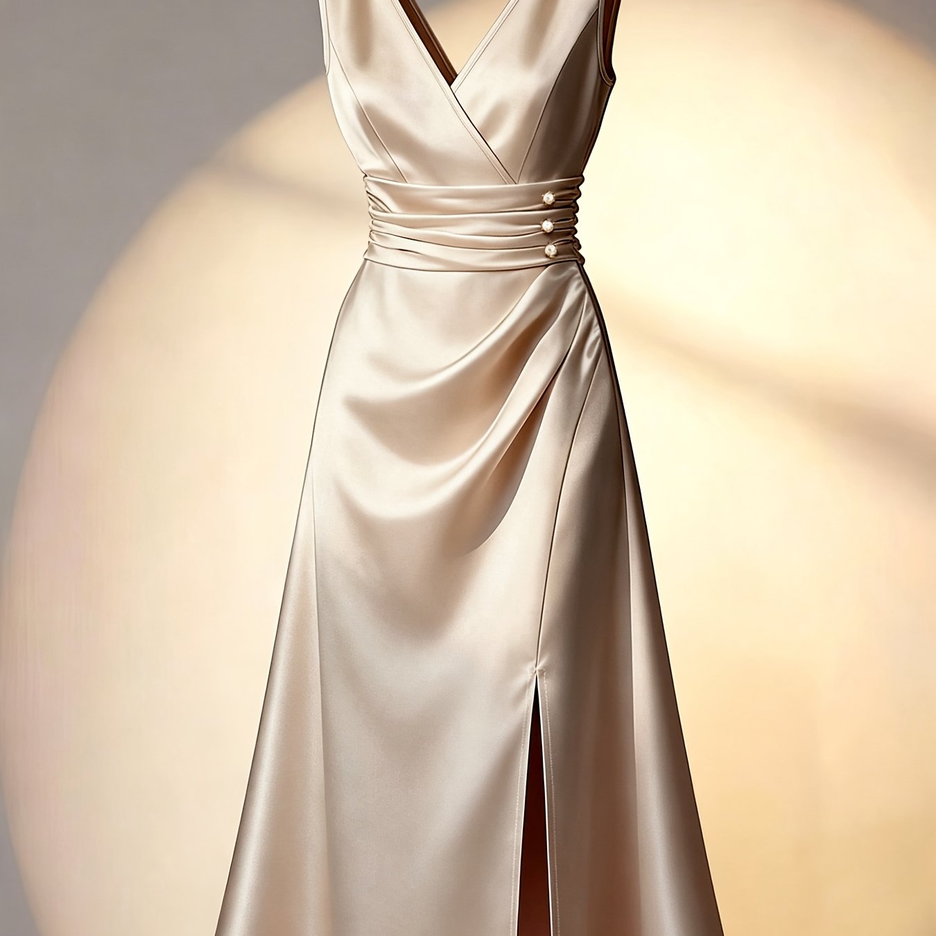TEMU ( Shiny Fabric) (runs Small) Slit Midi Dress, Champagne V-neck Elegant Dress, Formal Wear, Lightly Mature Style Date Dress, High-waist