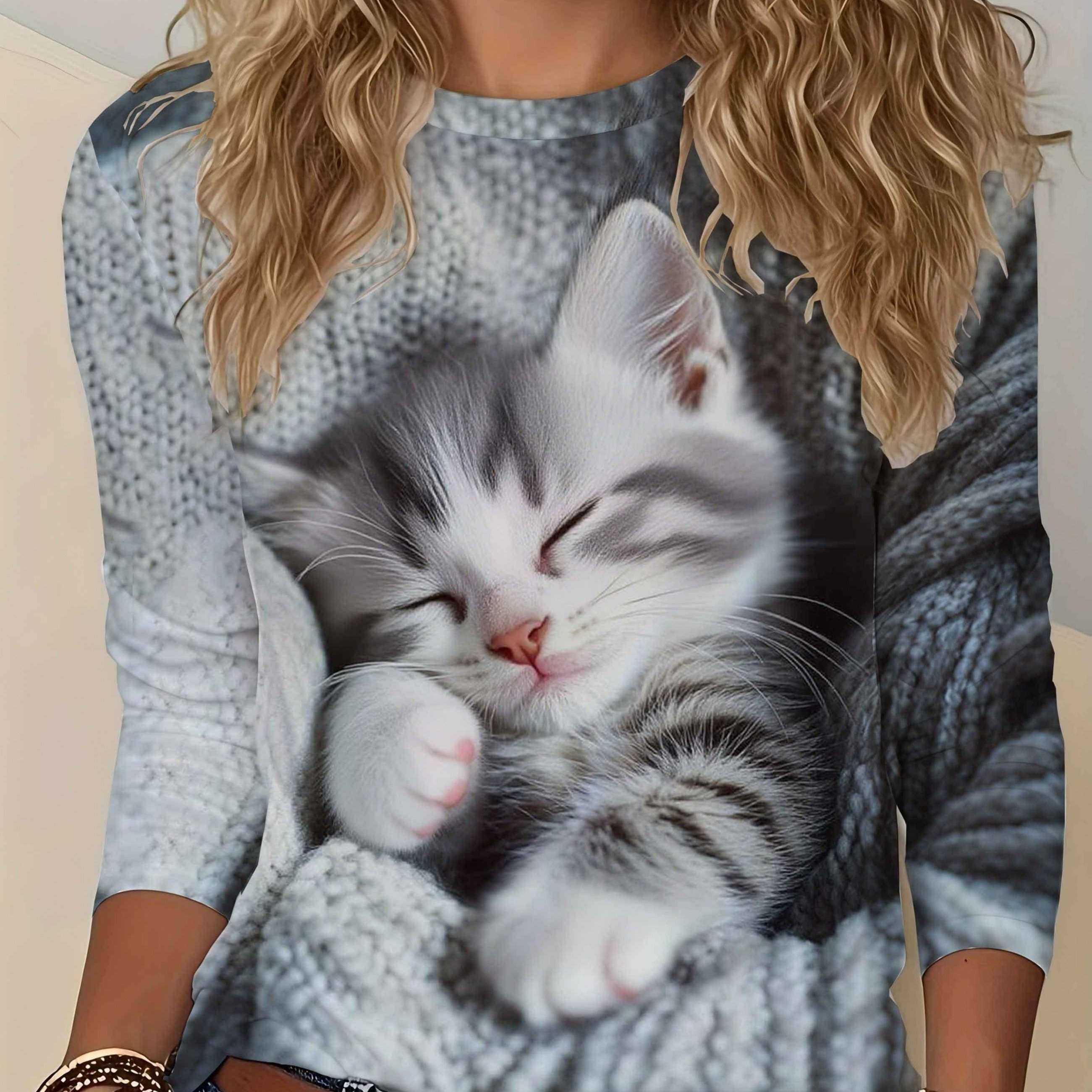 TEMU Plus Size - Plus Size - Women's Style Sleeping Cat Print Long Sleeve T-shirt, Casual Round Neck Top