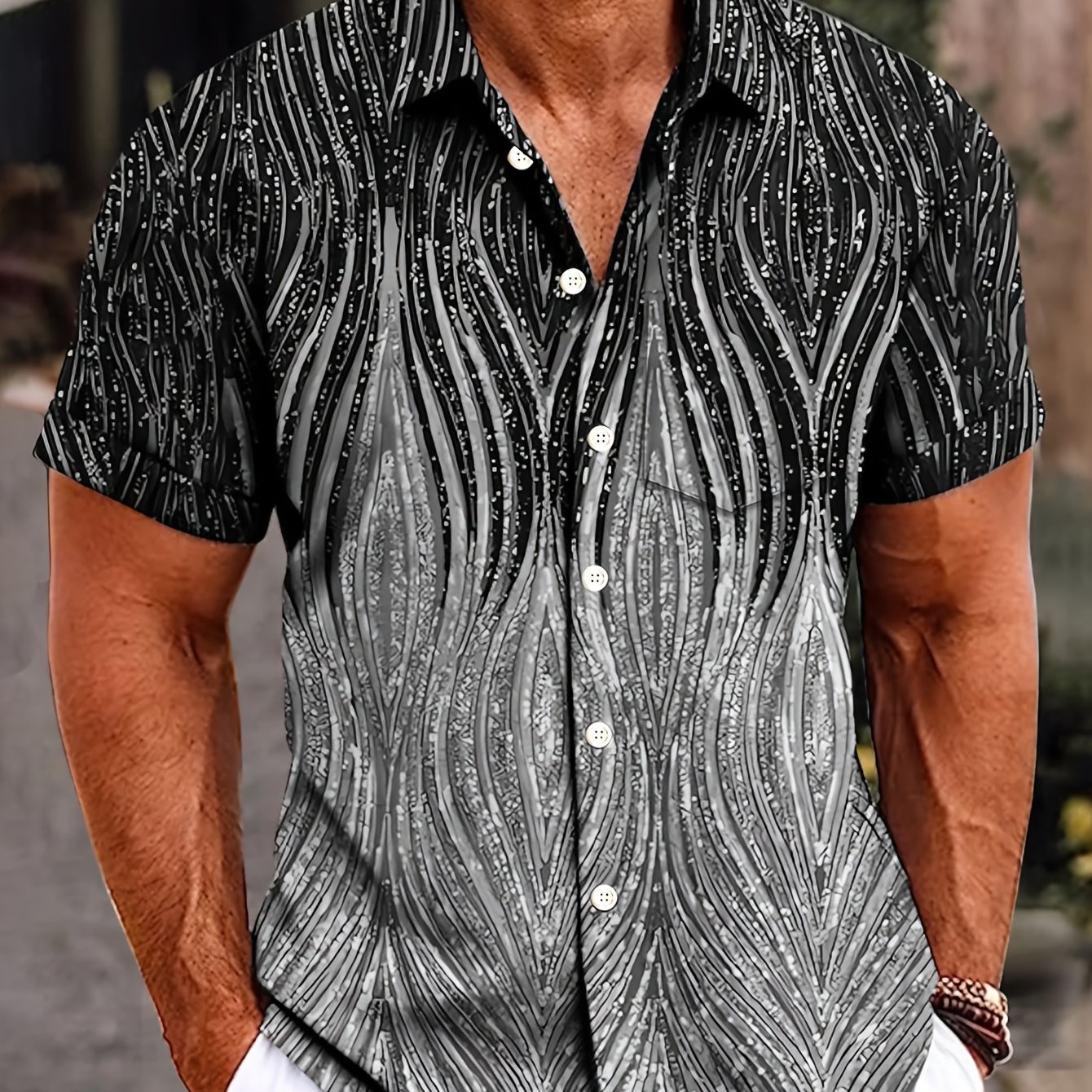 Fashion Retro Texture Gradient Print Men's Large Size Button Pocket Short Sleeve Shirt