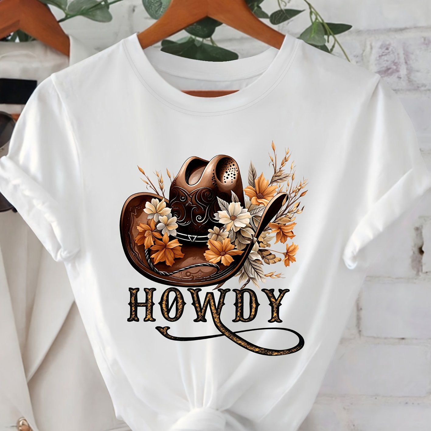 TEMU Women's Elegant Short Sleeve "howdy" Cowboy Hat Floral Print T-shirt, Vintage Style Casual Round Neck Sport Top, Spring/summer Women's Clothing,