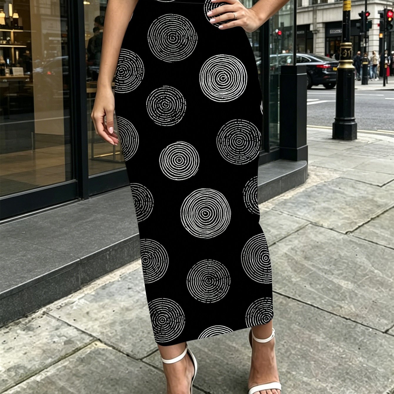 TEMU Black And White Spiral Dots Womens Printed Medium To Long Tight Fitting Hip Hugging Skirt Street Shopping Travel Party Casual Wear