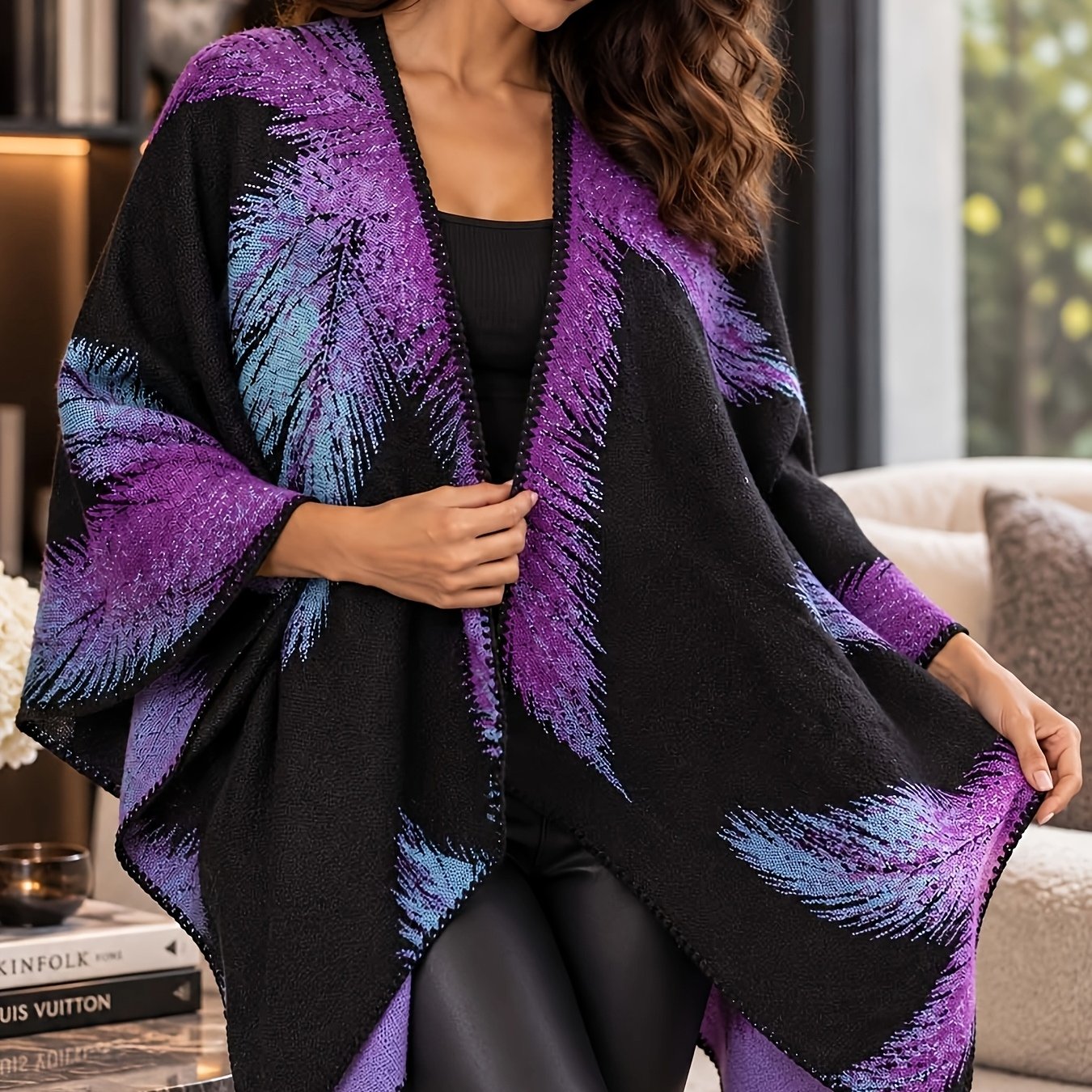 TEMU Plus Size - Fall Winter Oversized Sweater Style Single Side Jacquard Fleece Poncho Cape, Open Front Wrap Coat, Plus Size Layering Shawl For
