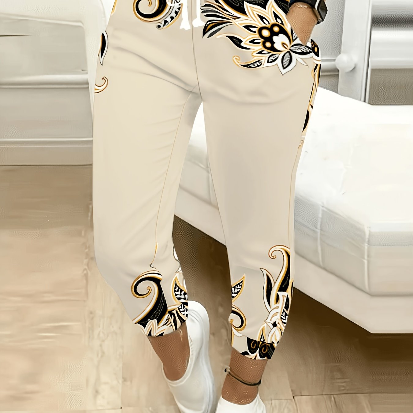 TEMU Classic Women's Drawstring Pants With Floral, Botanical, Geometric, And 250th Anniversary Celebration Prints, Suitable For Outdoor Play, S, And
