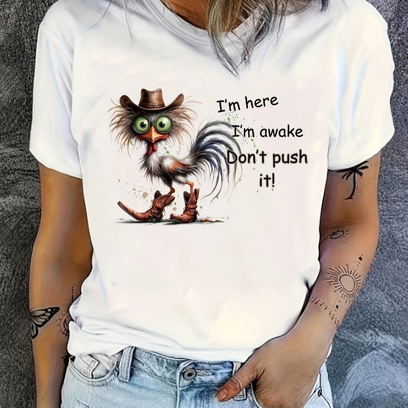 TEMU Women's Casual Short Sleeve T-shirt With Humorous Rooster & Letter Graphic Print - 95% Polyester 5% Spandex High Elasticity, Machine Washable