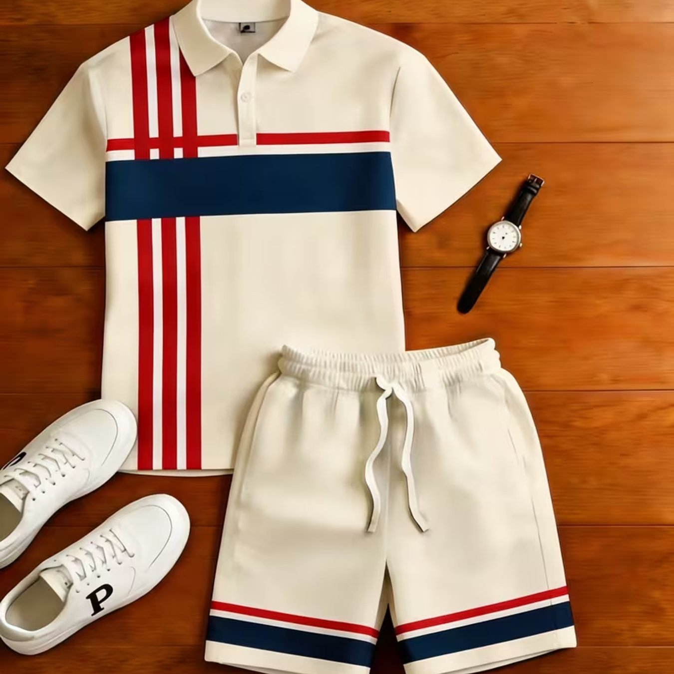 Men's Shirt Shorts Set Striped Color Block Casual Trendy Summer Sportswear For Adults Men Casual Wear