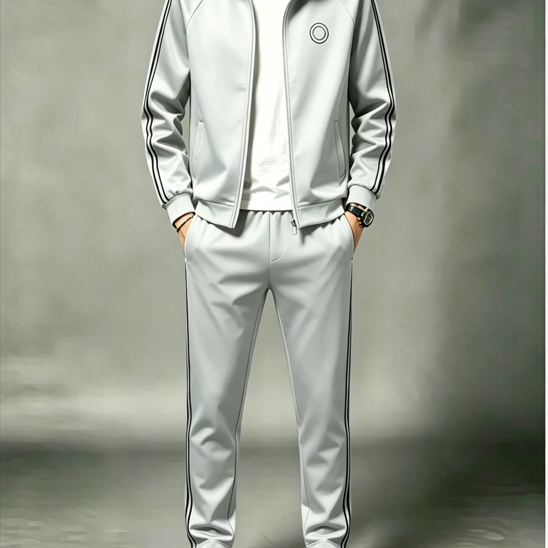 Image of Men's Stand Collar Cardigan Sports Set, Casual Two-piece Outfit With Light Gray Color, Stripes And Print, Fabric