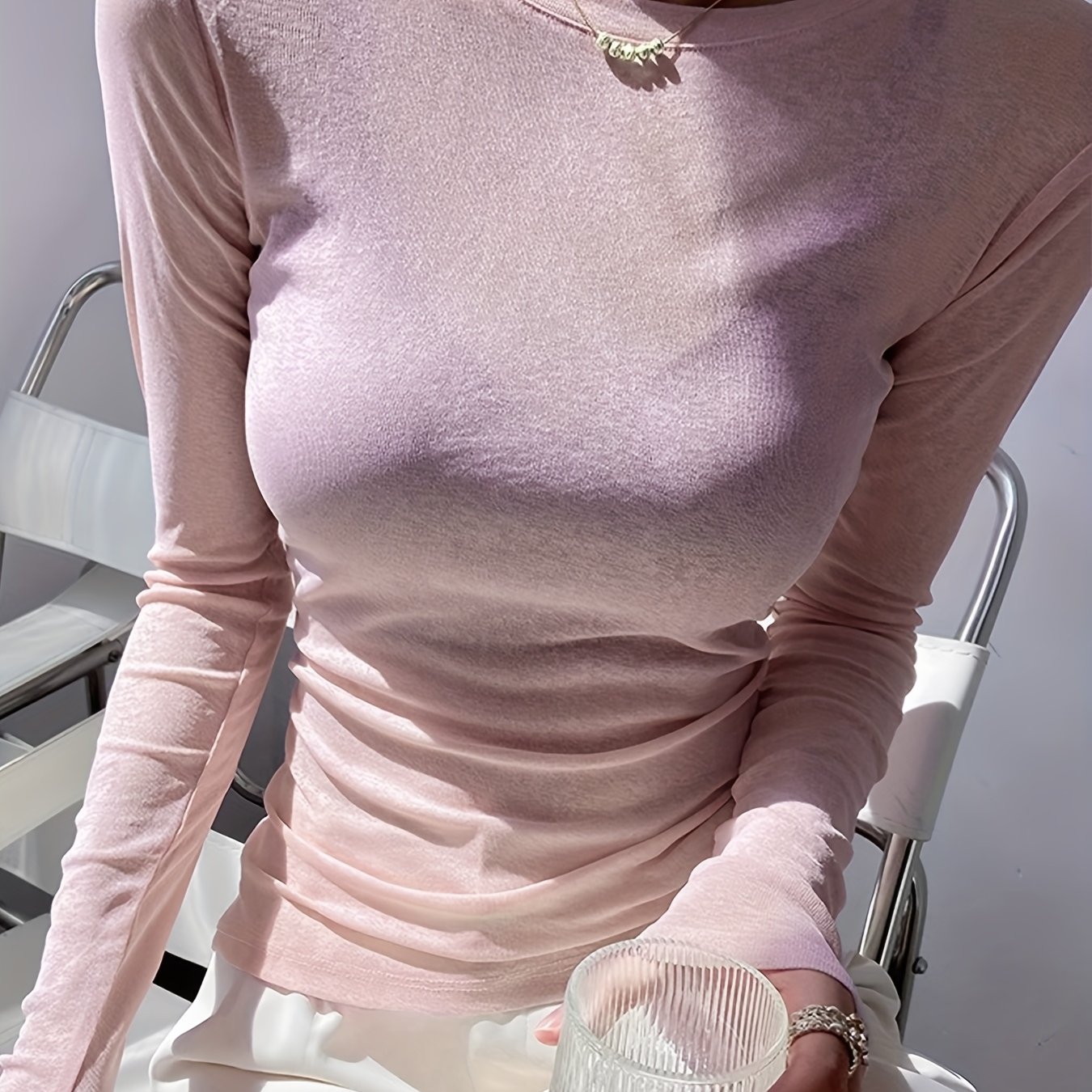 TEMU Solid Layer Top For Women, Spring/summer Inner Wear, Sheer Mesh Blouse T-shirt