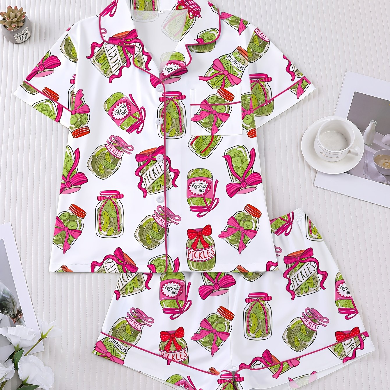 TEMU 2pcs Cucumber Print Women's Pajama Set, Short-sleeved Shirt With Lapel And Button-up Top With Loose Elastic Shorts, Casual Outdoor And Home Cozy Women's Sleepwear And Loungewear