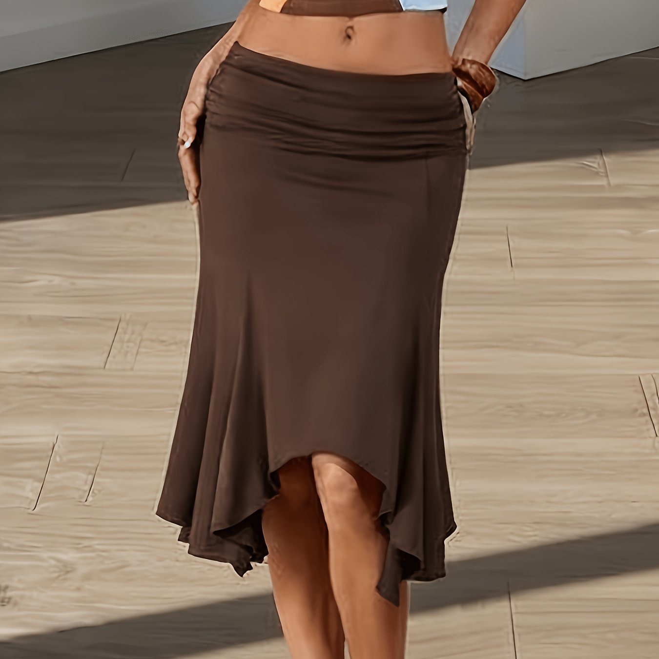 Women's Y2k Asymmetrical Pleated Skirt - Brown Suitable For Spring Summer Fall Wear, Asymmetrical Hem With Pleated Skirt Lengths, Machine Washable Solid Color Skirt For, Office, Outfits