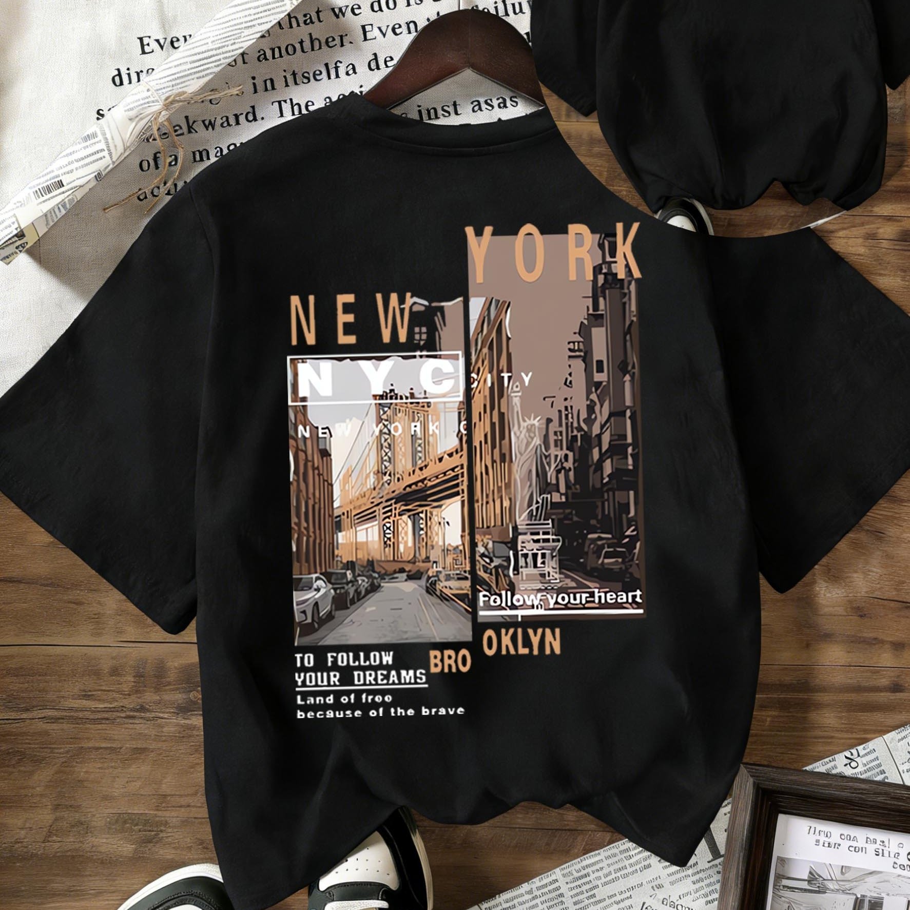 TEMU Short Sleeve Round Neck T-shirt 2026 Summer New Casual Letter Bridge Street Vacation Pattern Printed Women's Fun Regular Top | Breathable Fabric