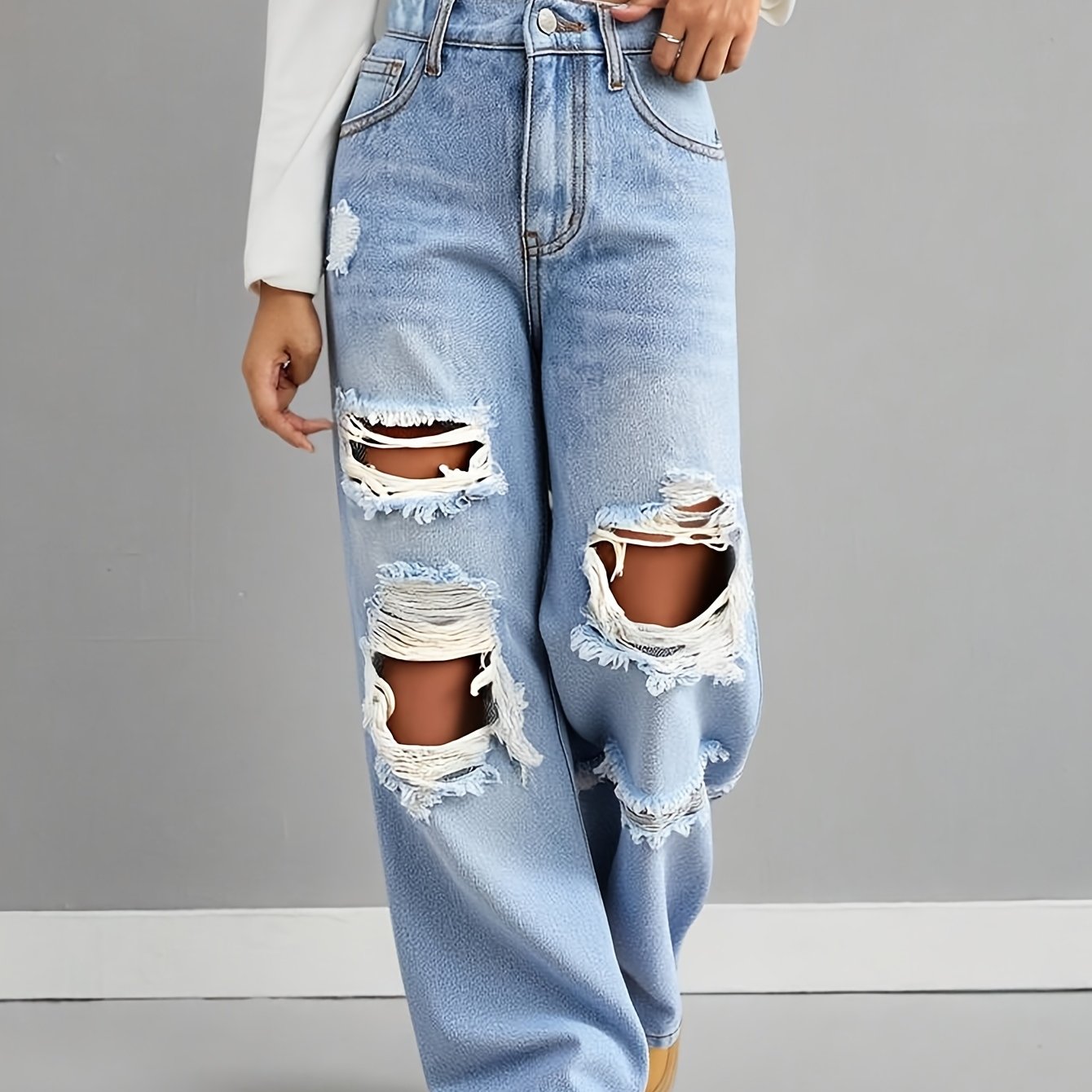 Image of Girls' Fashionable Light Blue Wide-leg Denim Pants, With A Washed And Distressed Design, Loose Straight-, Built-in Zipper, Casual And Stylish, Suitable For Girls Aged 7-14
