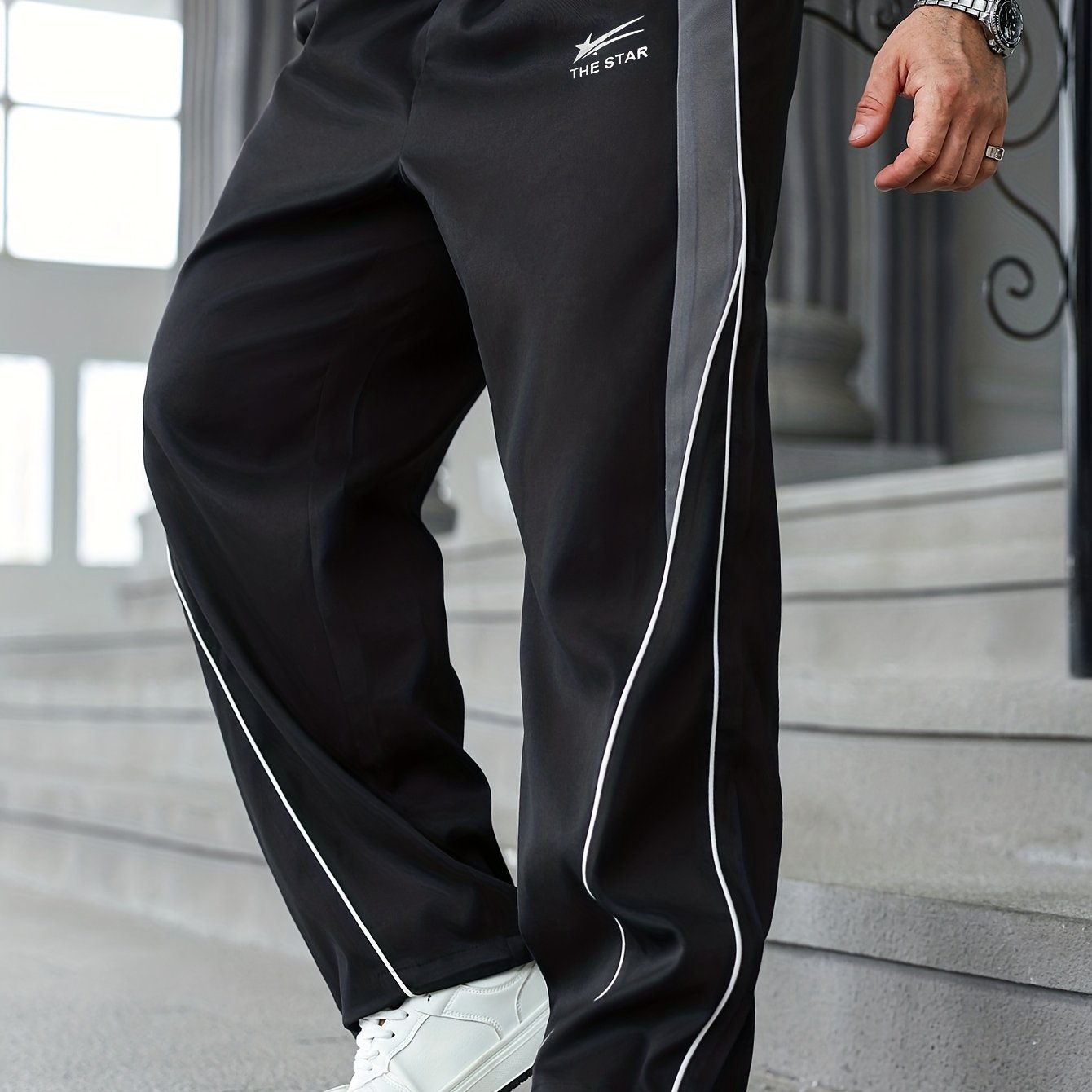 TEMU Men's Plus Size Drawstring Wide-leg Pants, Side Stripe Loose Casual Trousers, Lightweight Street Style Athletic Pants, Suitable For Daily Wear,